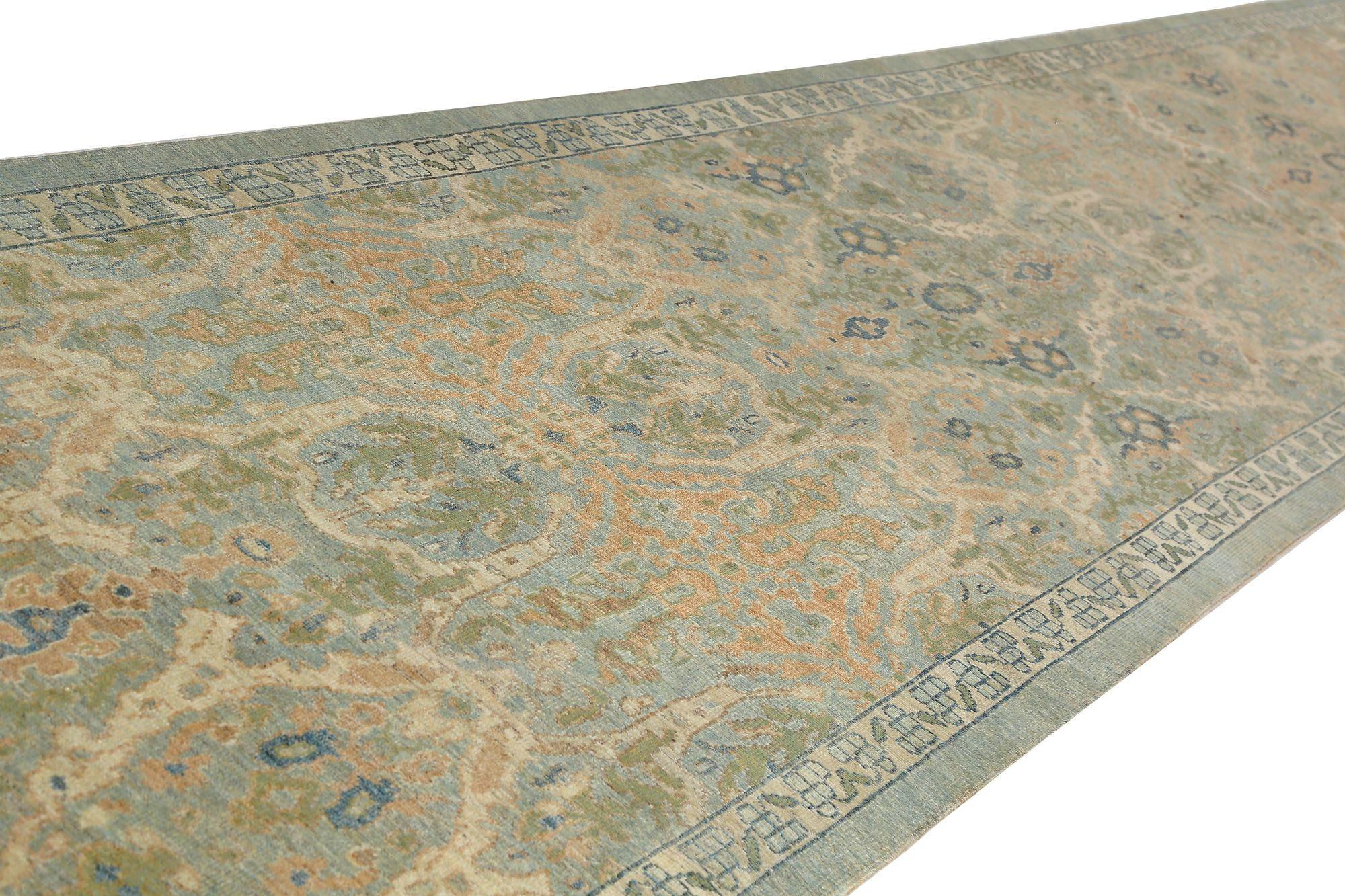 Sultanabad-Läufer aus Wolle in Blau, Grün und Elfenbein, Afghanistan, 97293 im Zustand „Hervorragend“ im Angebot in Dallas, TX
