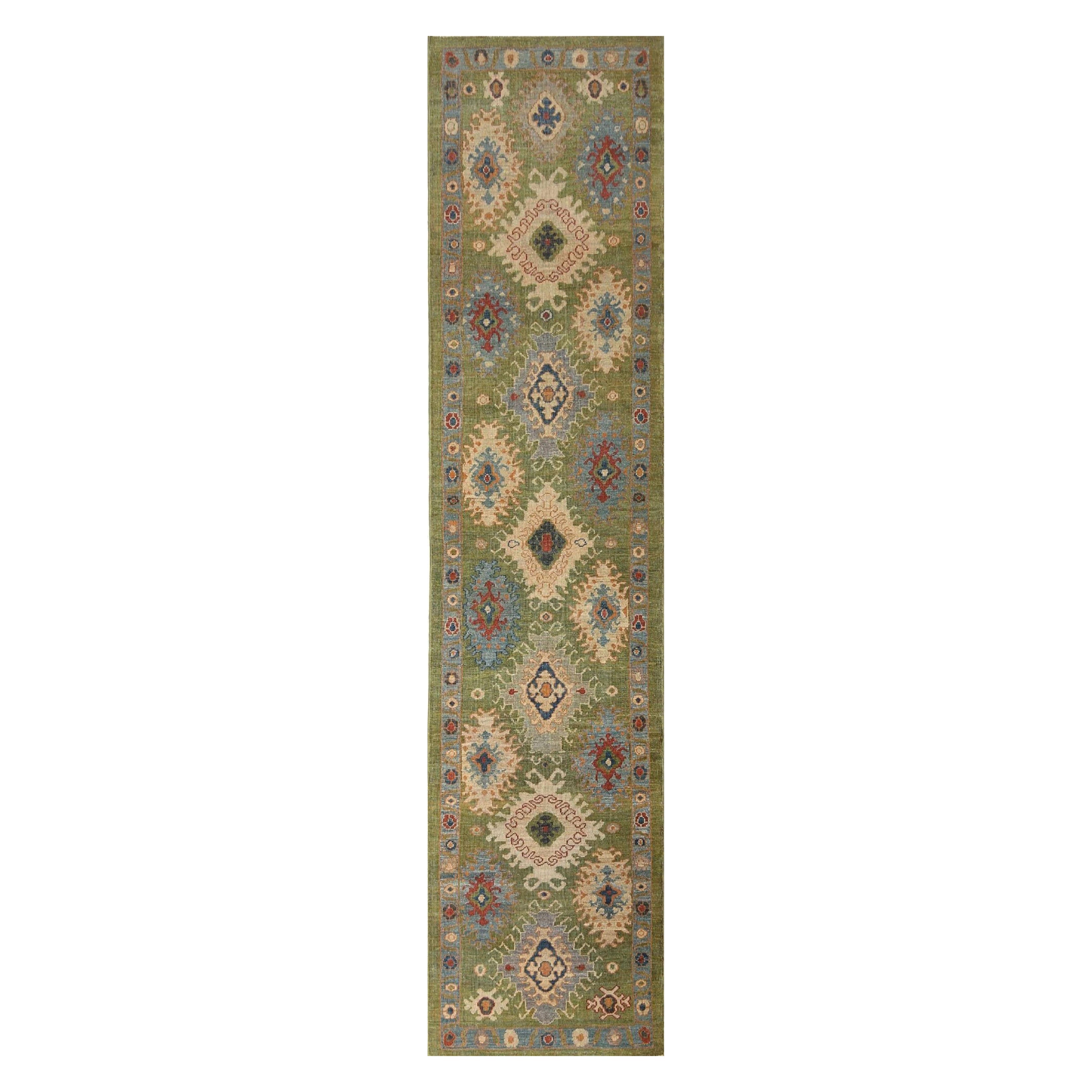 Afghanistan Sultanabad Runner Rug - Wool Green Design - 95823