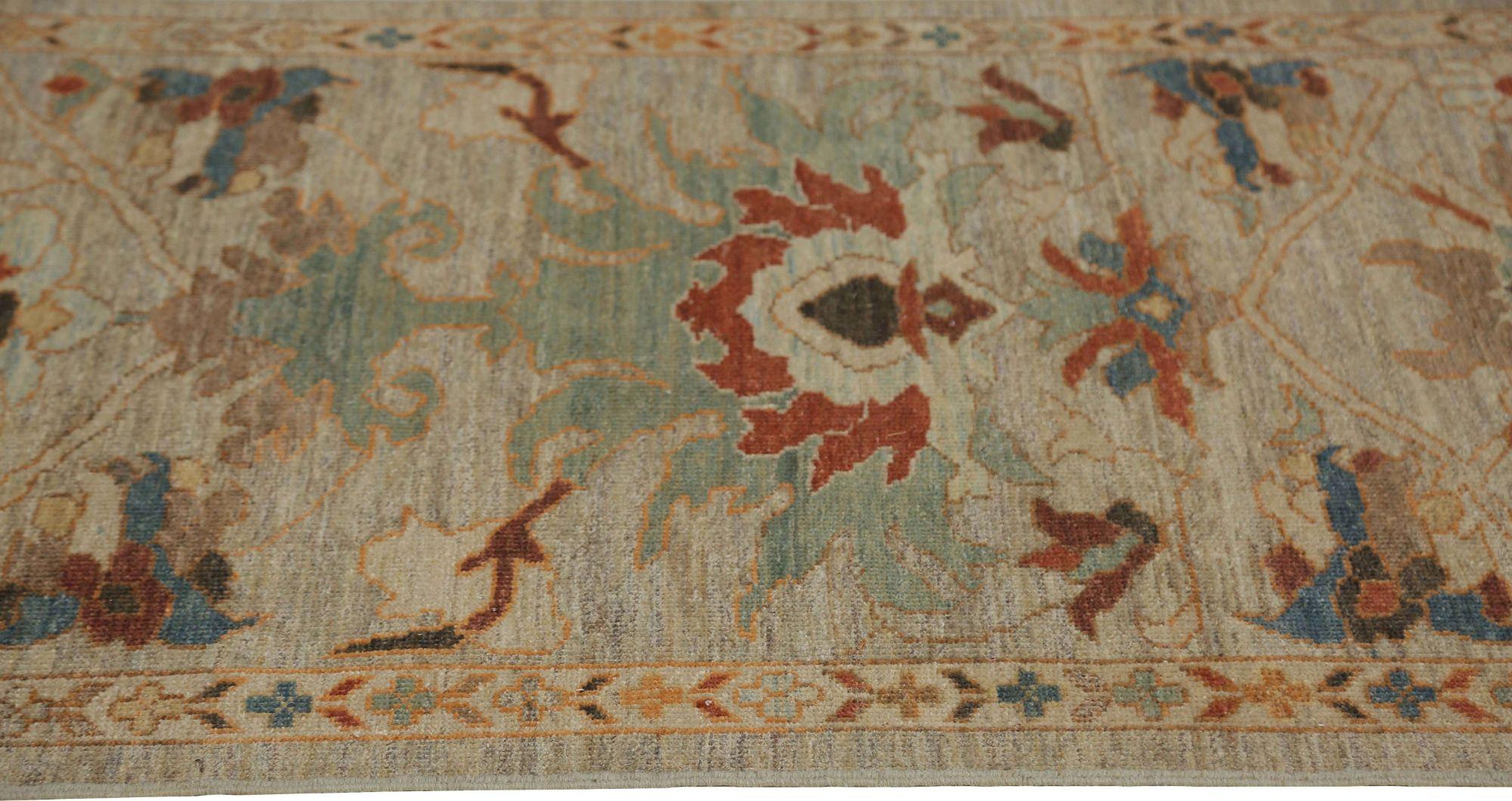 Afghanistan Sultanabad Läufer Teppich - Wolle Grün Elfenbein Taupe - 95822 (Afghanisch) im Angebot