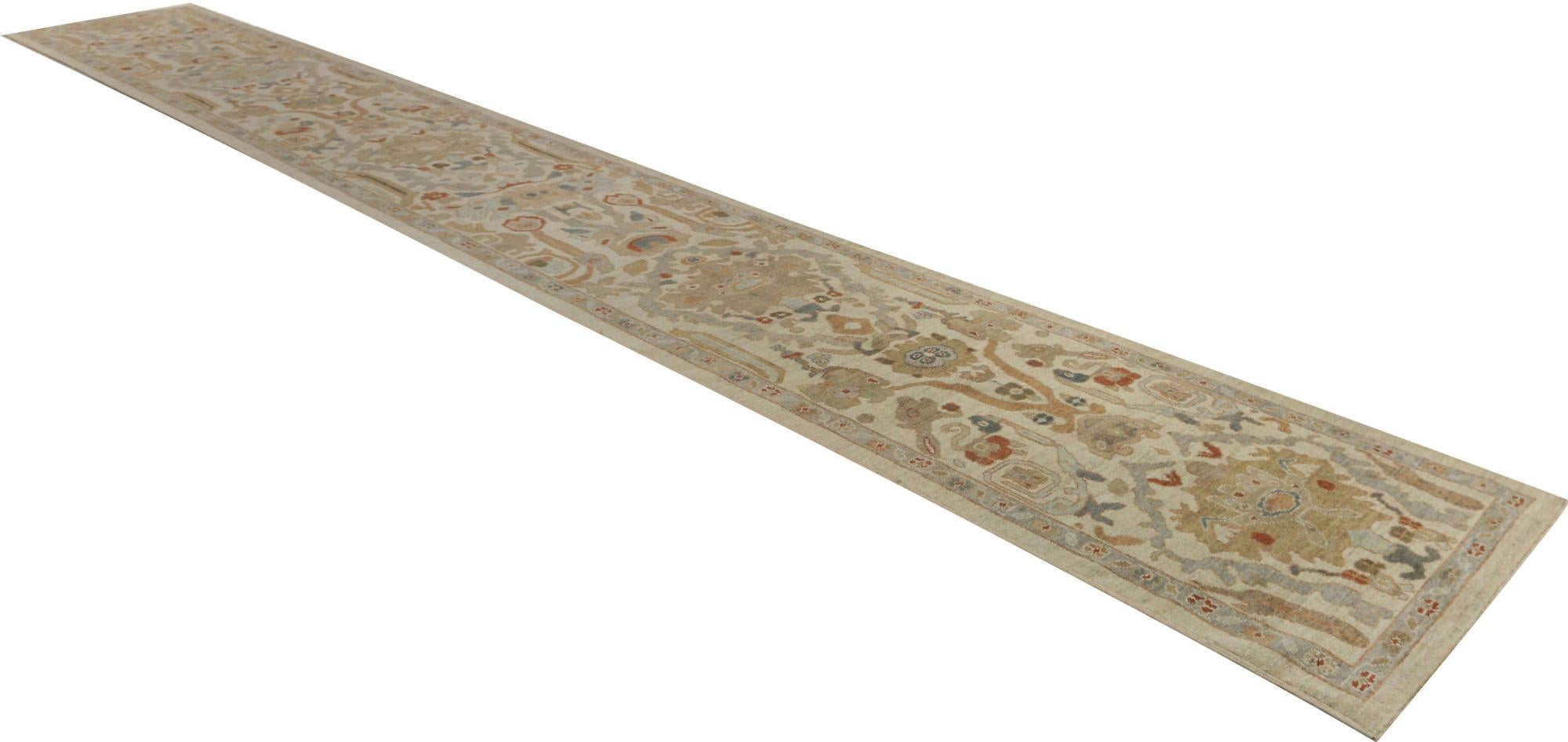 Tribal Afghanistan Sultanabad Runner Rug - Wool Ivory Design - 95975 For Sale
