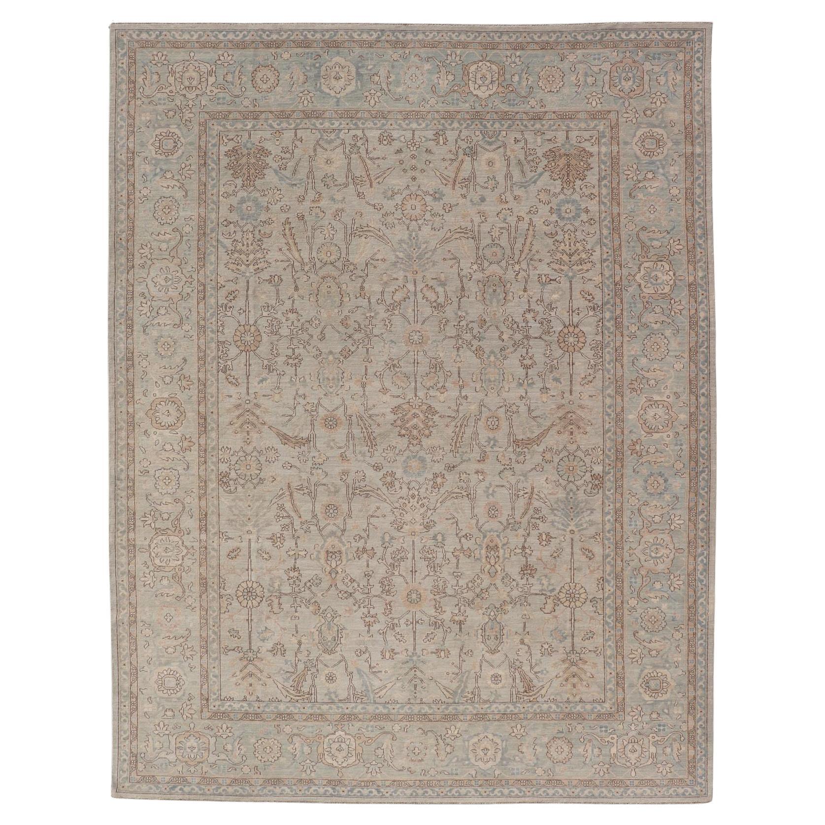 Afghanistan Tabriz Rug in Pale Sand, Brown, and Blue with Floral Medallion For Sale