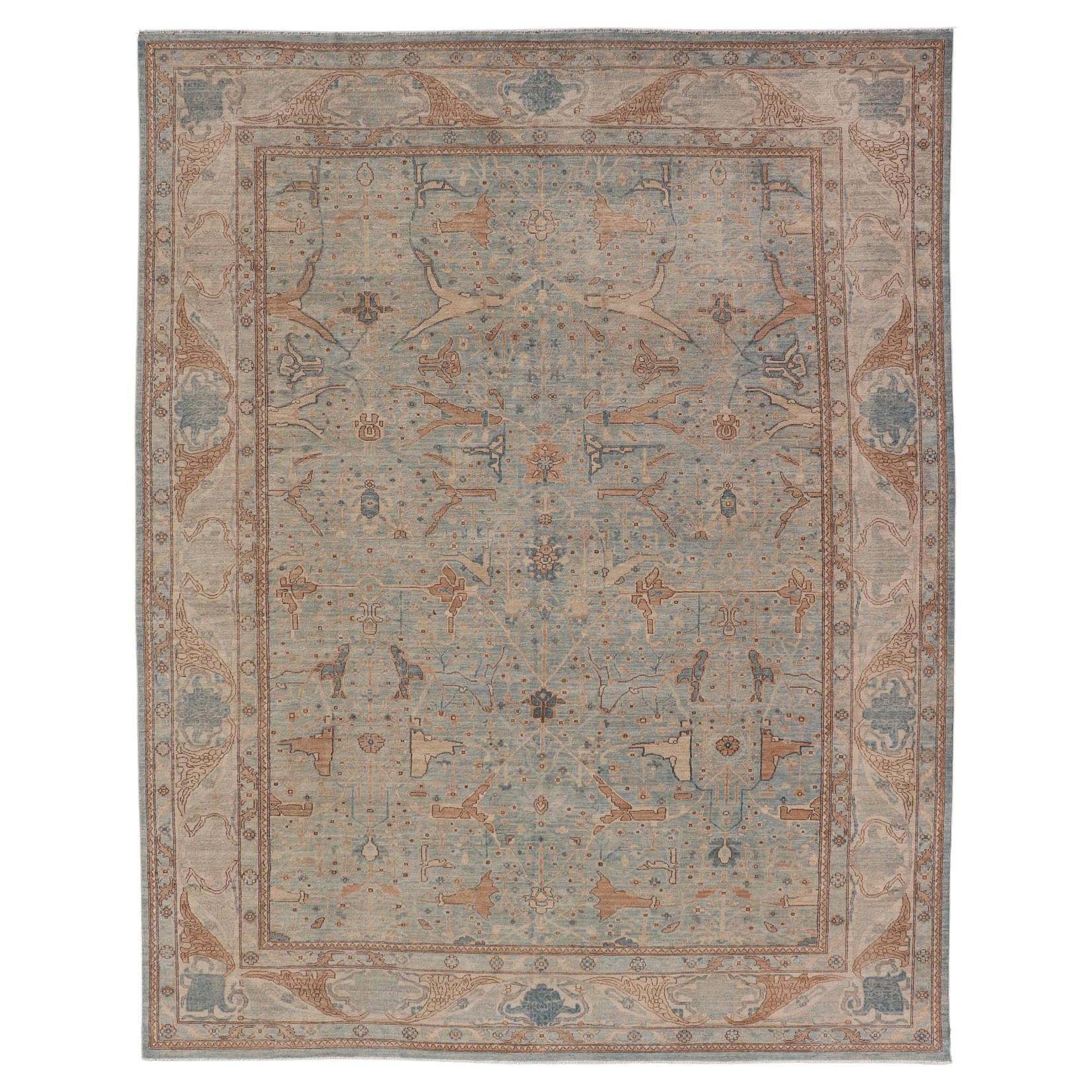 Afghanistan Tabriz Rug in Soft Blue, Sand with Allover Floral and Lattice Design For Sale
