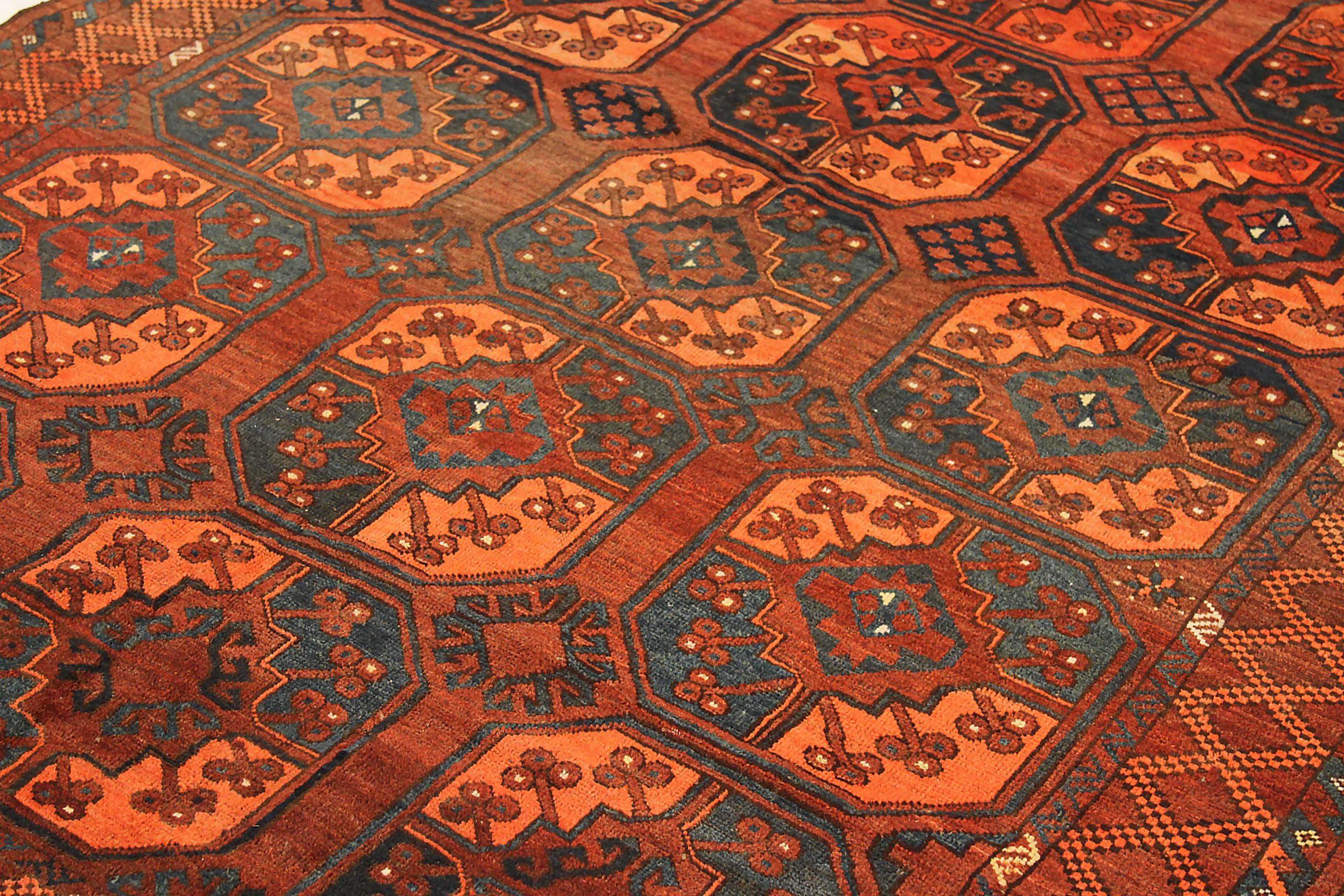 Petit tapis Afghanistan Tekeh vers 1910 - Laine bleu orange rouge 72504 Excellent état - En vente à Dallas, TX