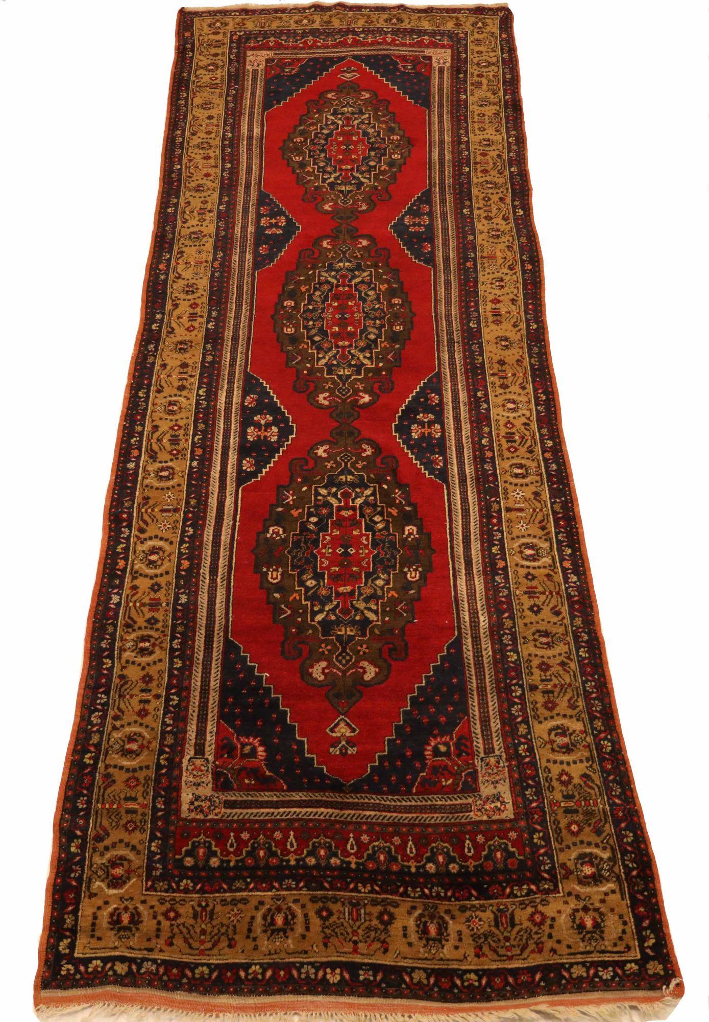 20ième siècle Tapis de course turc Afghanistan - Laine Brown Bleu marine Rouge - 93400 en vente