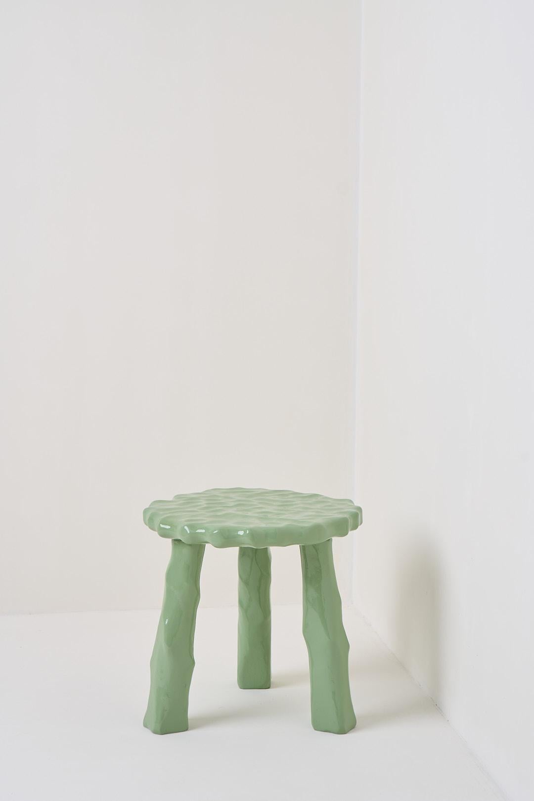Minimalist Afinco Collection, Low Asparagus Green Wooden Stool For Sale