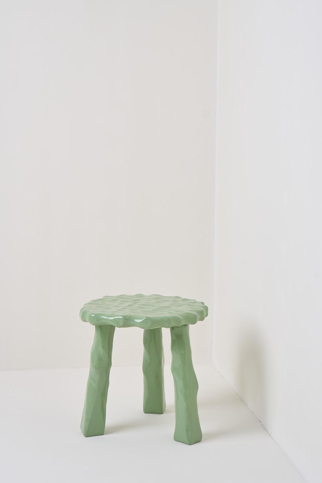 Brazilian Afinco Collection, Low Asparagus Green Wooden Stool For Sale