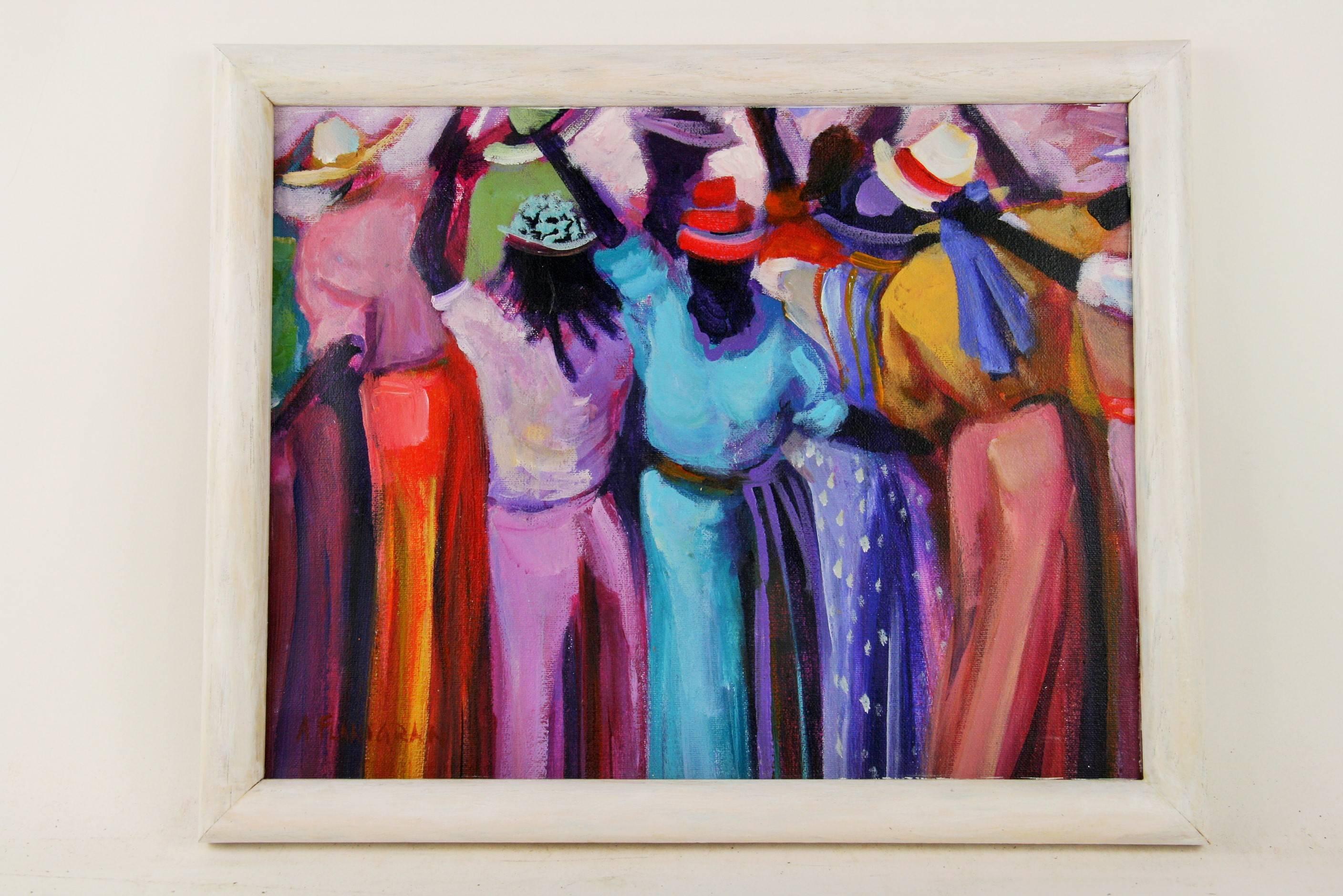 #5-2894 A bold  figurative painting , oil  on canvas applied on board ,signed lower left by A.Flanigran ,displayed in a white wood frame.Image size 10.5 H x 13.5 W