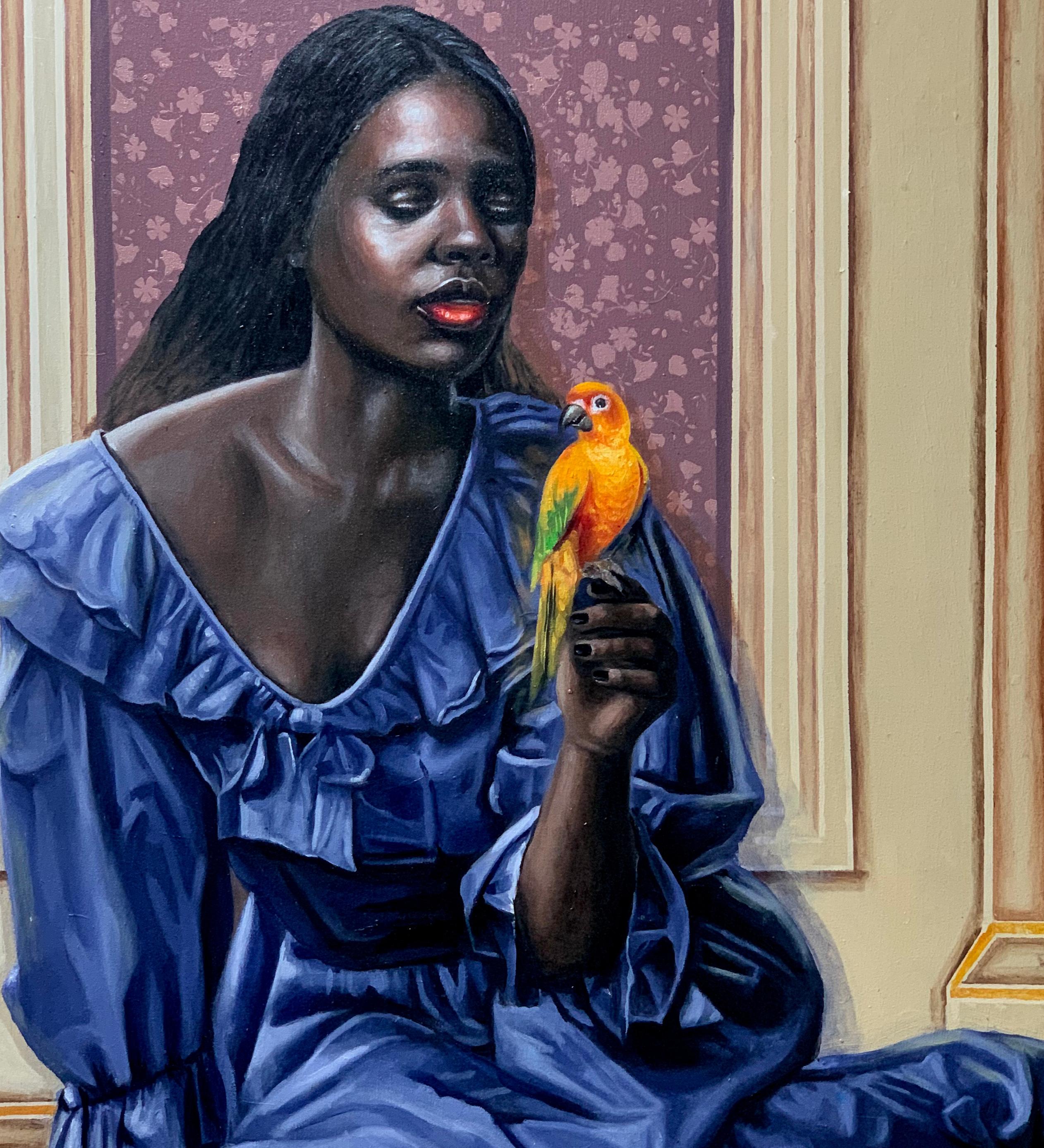 Donna con pappagallo - 21° secolo, Contemporaneo, Pittura figurativa, Olio, Donne - Figurative Painting Viola di Afolayan Emmanuel