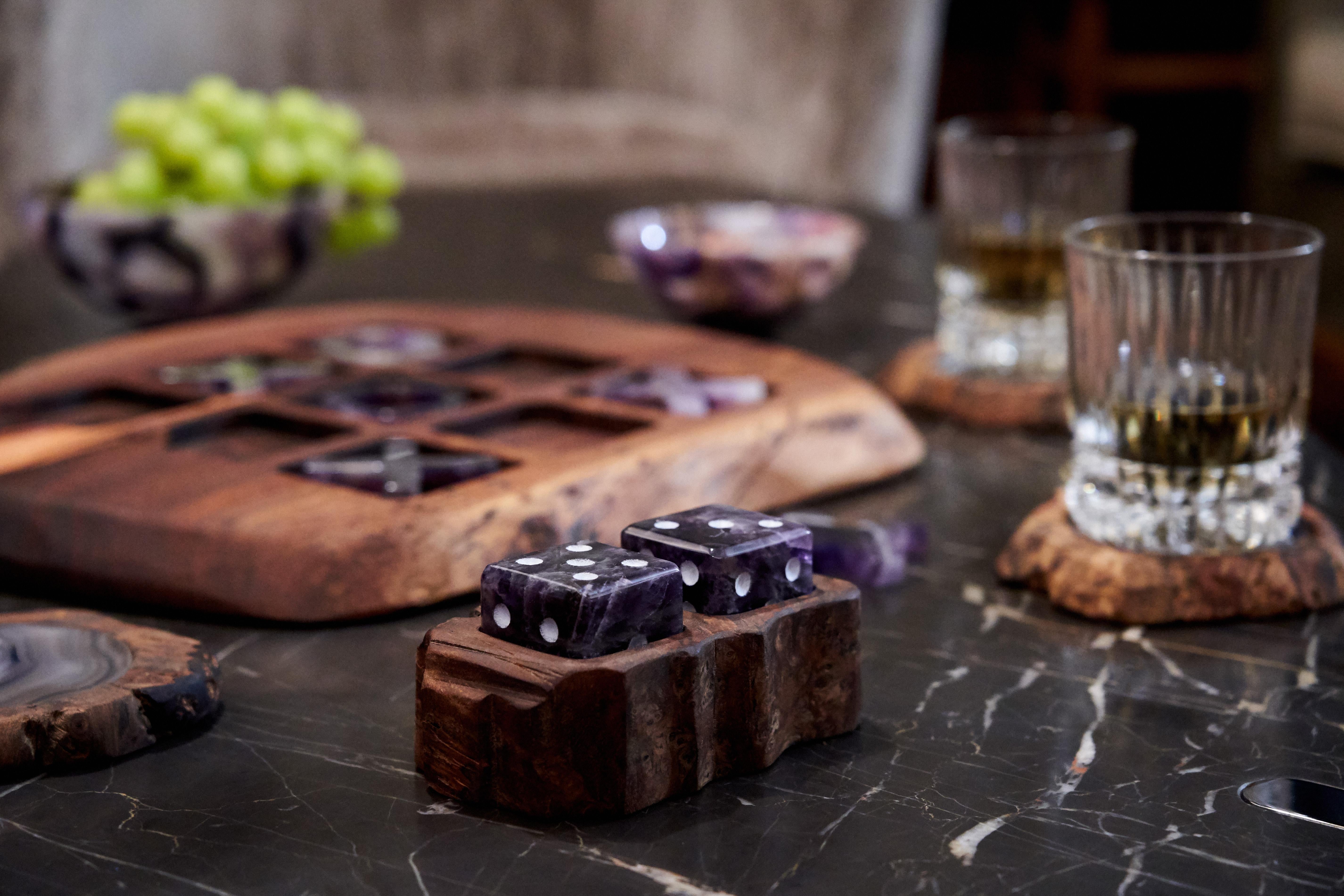 Afora Dice Set in Amethyst with Wood Holder by ANNA New York In New Condition For Sale In San Francisco, CA
