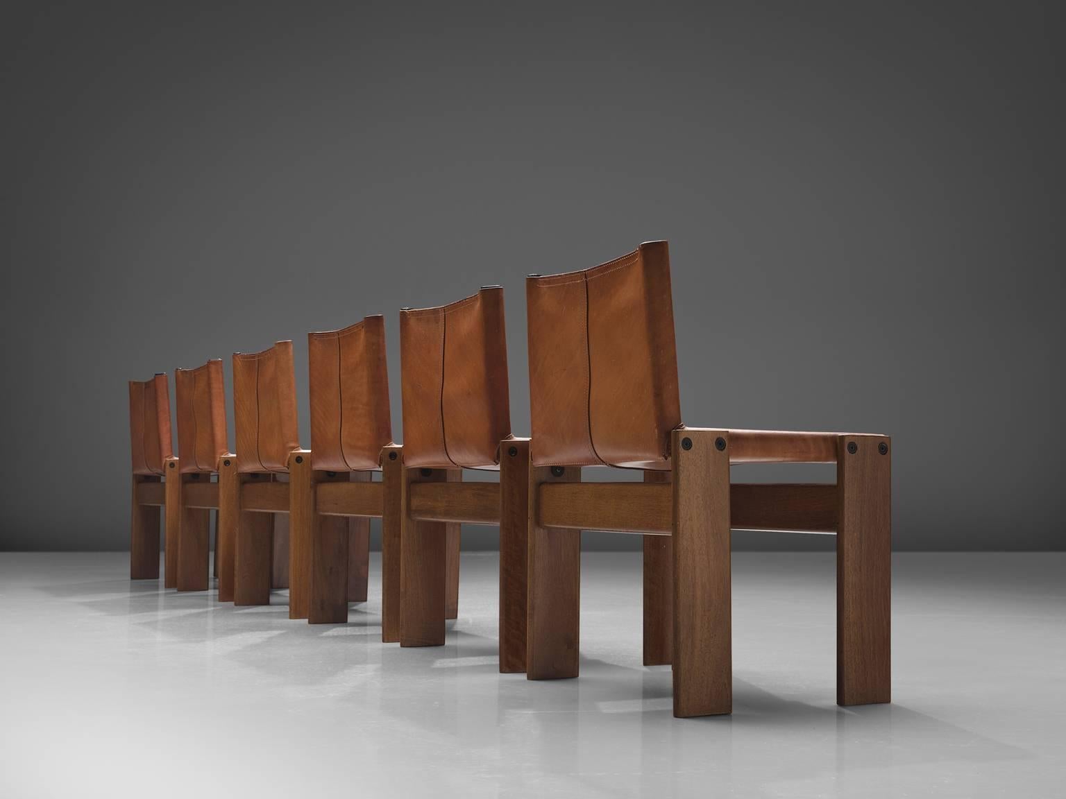 Mid-Century Modern Afra & Tobia Scarpa Set of Six Monk Chairs in Cognac Leather