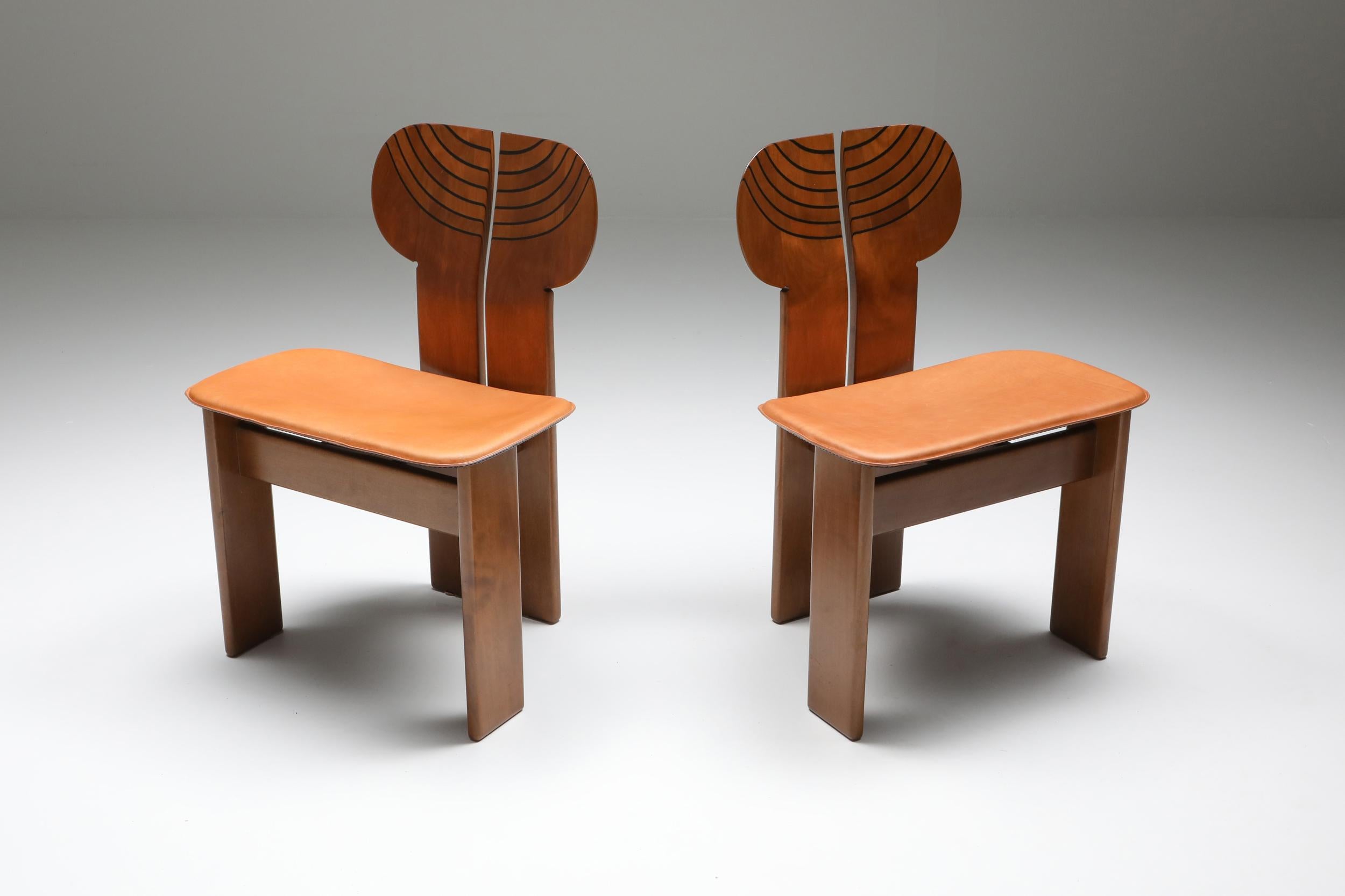 Post-Modern Afra and Tobia Scarpa Africa Chairs with Cognac Leather Seating