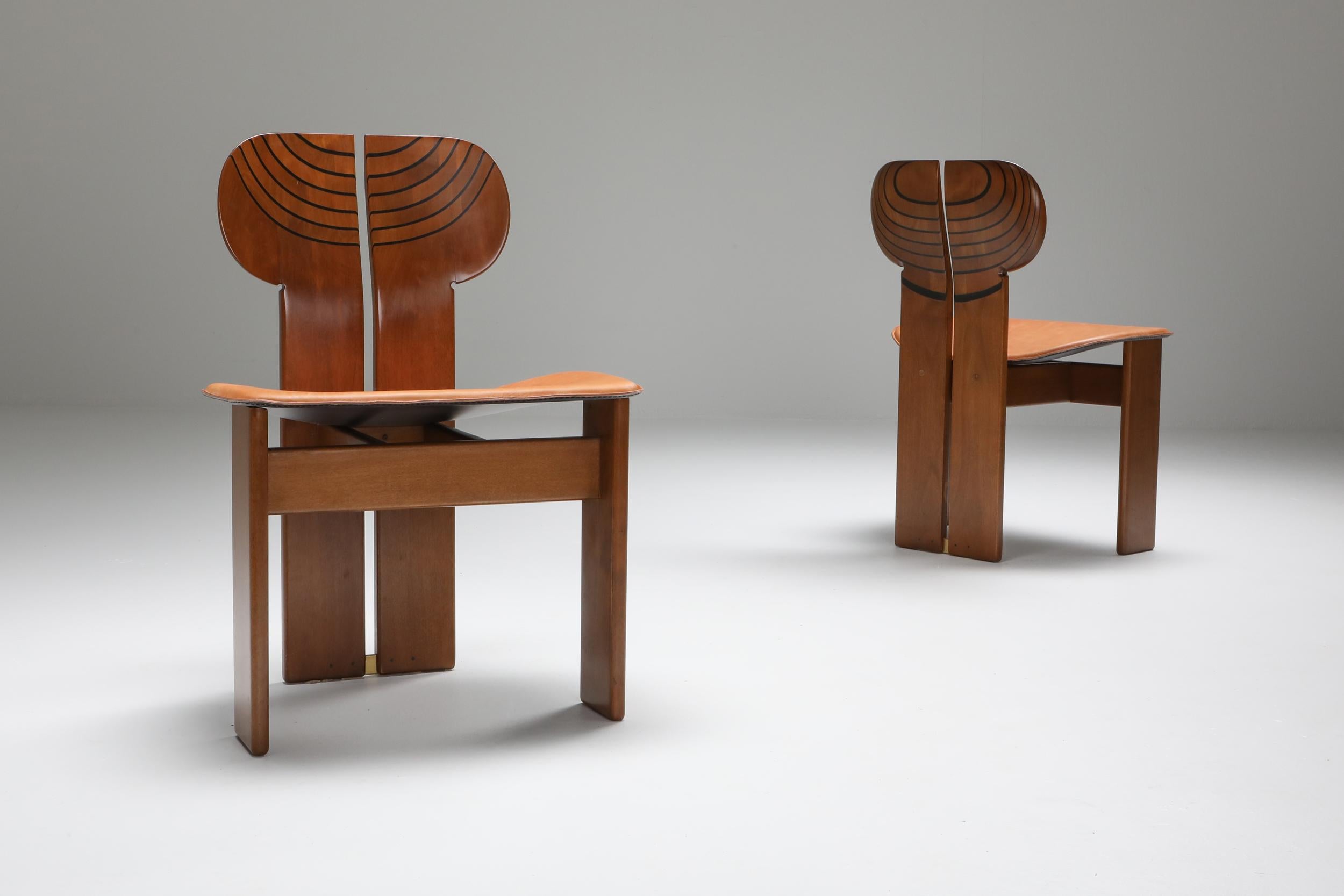 Italian Afra and Tobia Scarpa Africa Chairs with Cognac Leather Seating