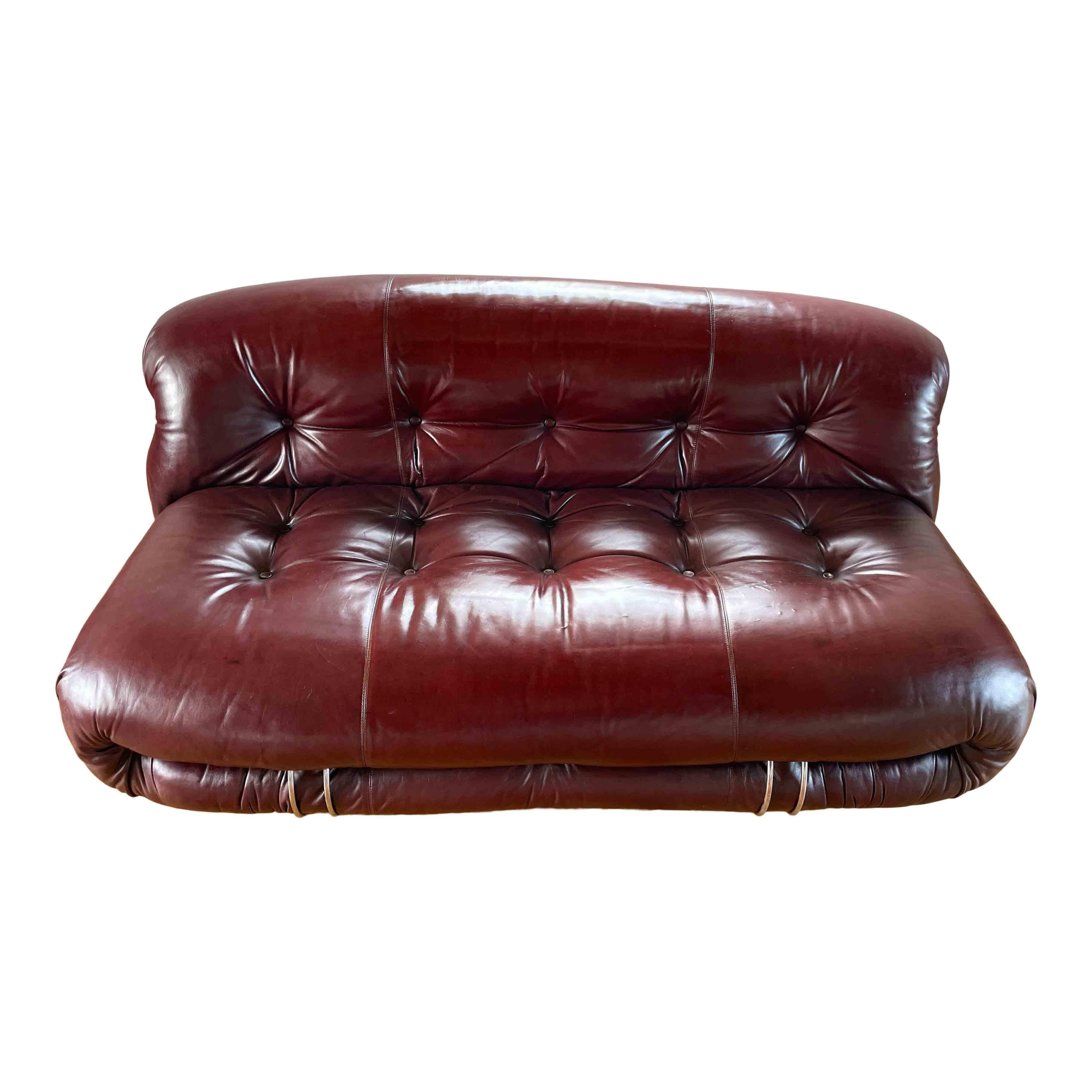 Space Age Afra & Tobia Scarpa Divano a due posti Soriana in pelle marrone per Cassina, 1969 in vendita