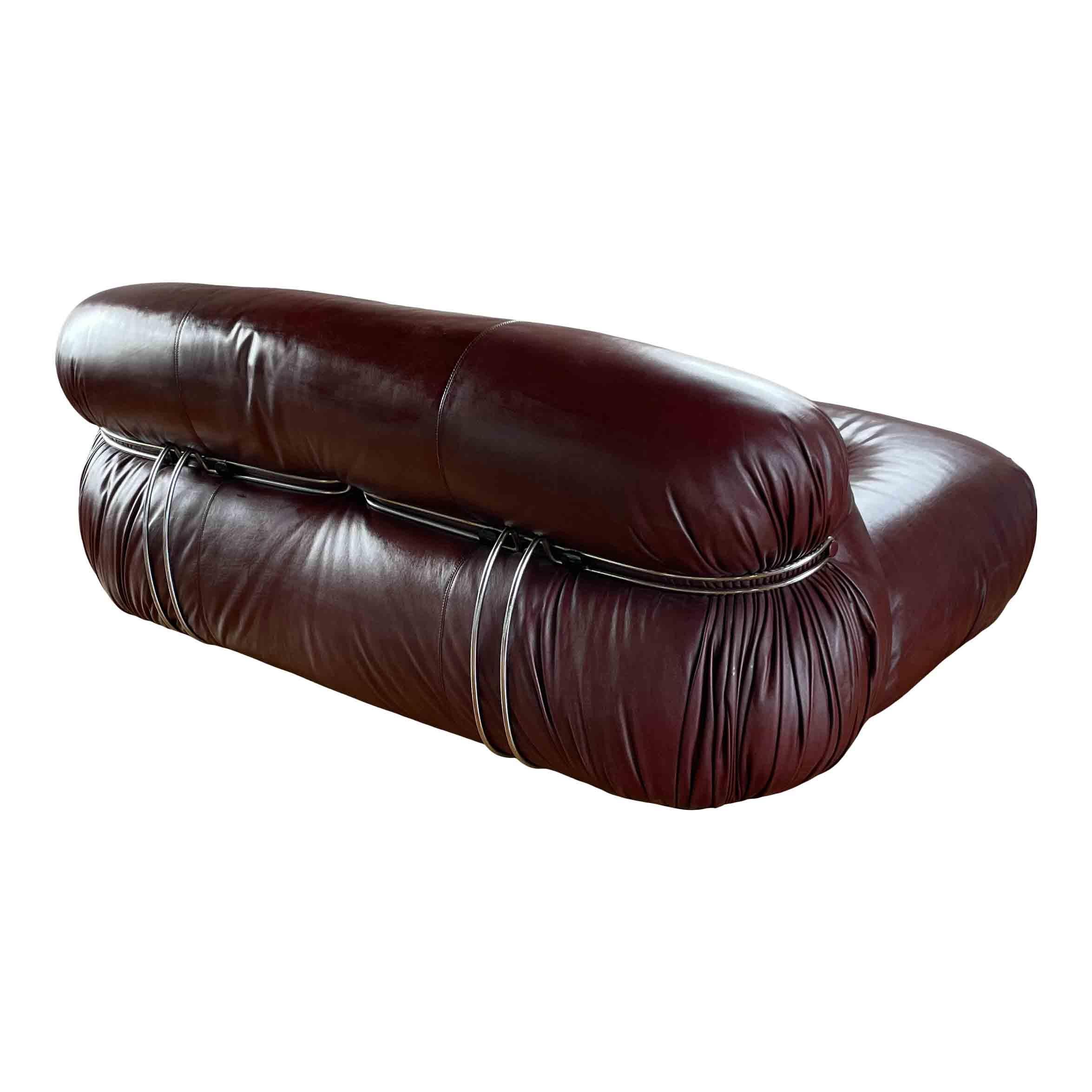 Italian Afra and Tobia Scarpa Brown Leather Two-Seater Soriana Sofa for Cassina, 1969 For Sale