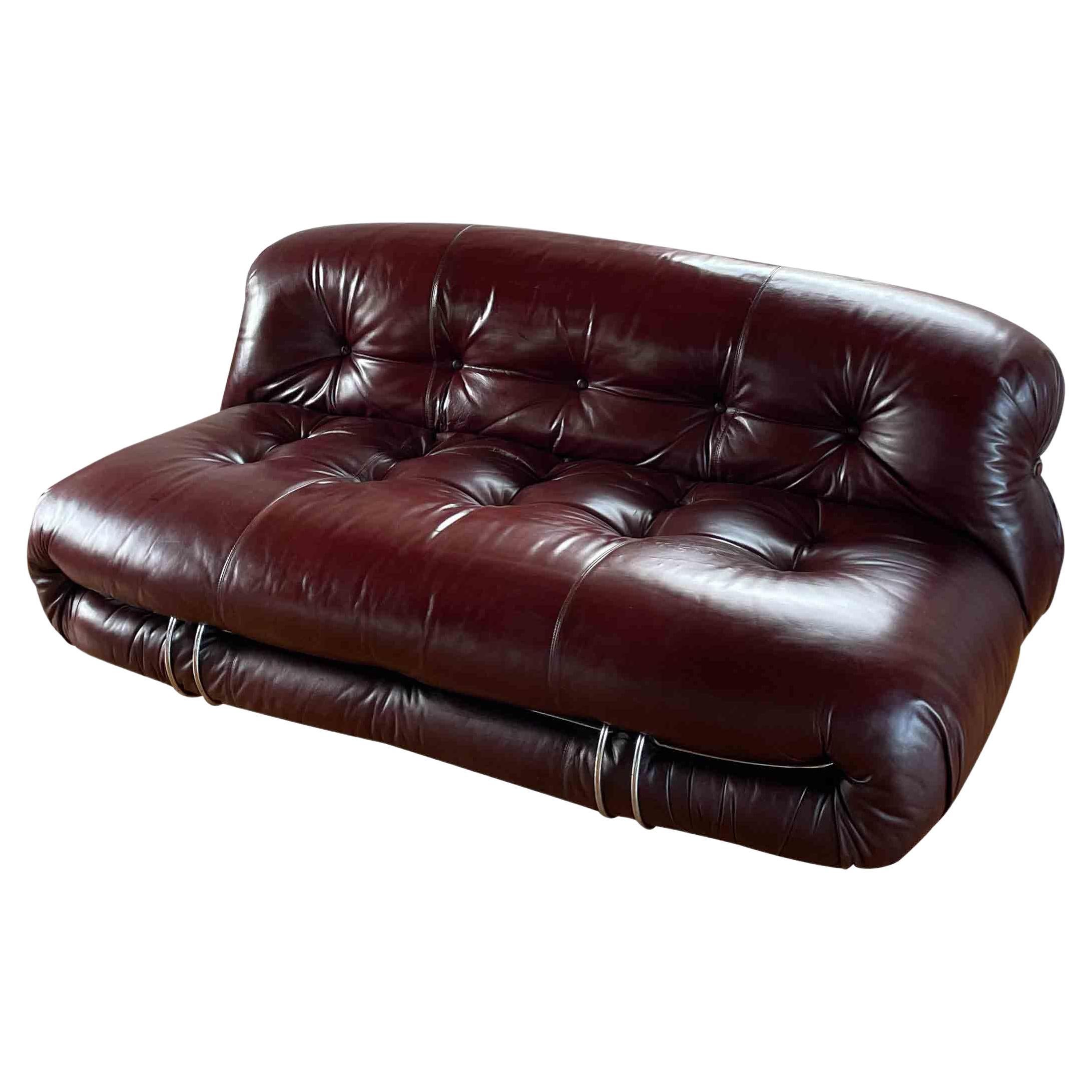 Afra and Tobia Scarpa Brown Leather Two-Seater Soriana Sofa for Cassina, 1969 For Sale
