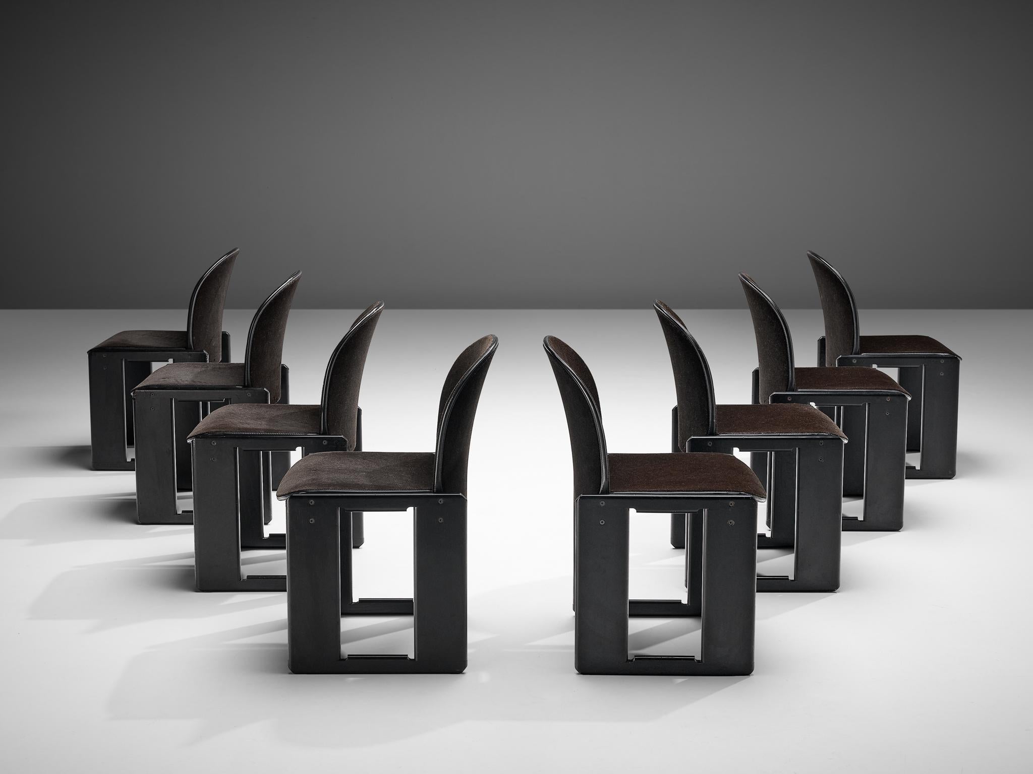 Afra and Tobia Scarpa for B&B, set of eight ‘Dialogo’ dining chairs, black lacquered wood, dark brown velvet upholstery, Italy, 1970s
 
The ‘Dialogo’ dining chair was designed by Afra and Tobia Scarpa in the 1970s and convinces with its two