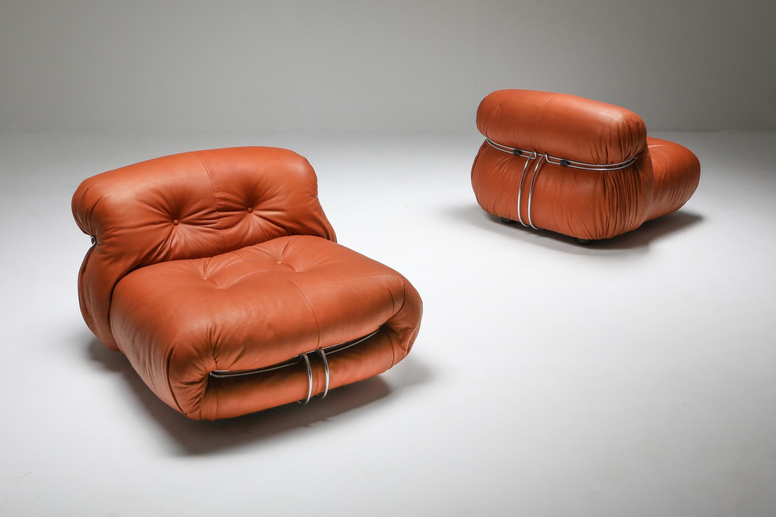 Scarpa; Afra and Tobia Scarpa; Cassina; Italy; 1970's; Hollywood Regency; Minimalist; Italian Design; 

Afra and Tobia Scarpa, reupholstered cognac aniline leather, Cassina, Italy, the 1970s
The Soriana collection was meant to express beauty and