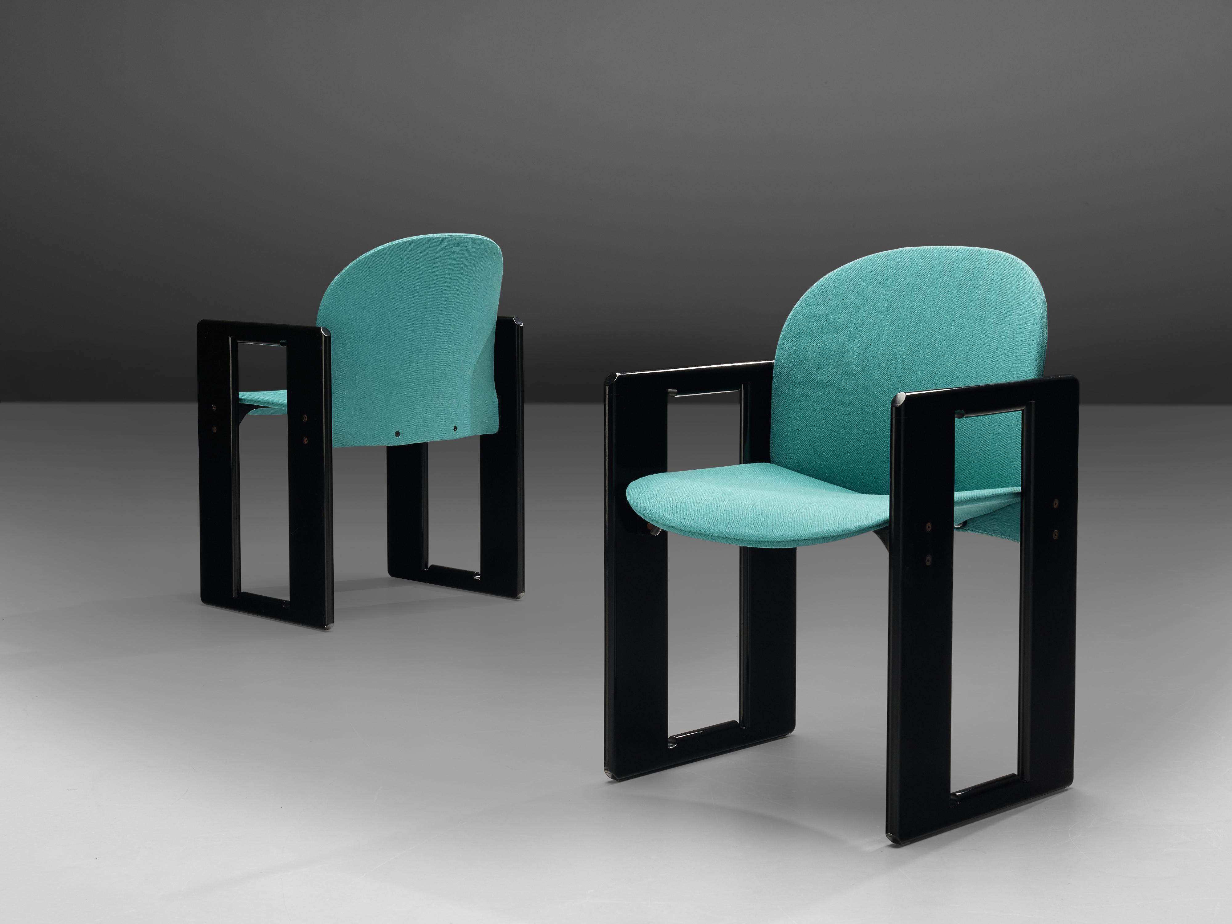 Afra & Tobia Scarpa for B&B, pair of ‘Dialogo’ dining chairs, black lacquered wood, turquoise fabric upholstery, Italy, 1970s
 
The ‘Dialogo’ dining chair was designed by Afra and Tobia Scarpa in the 1970s and convinces with its two angular frames