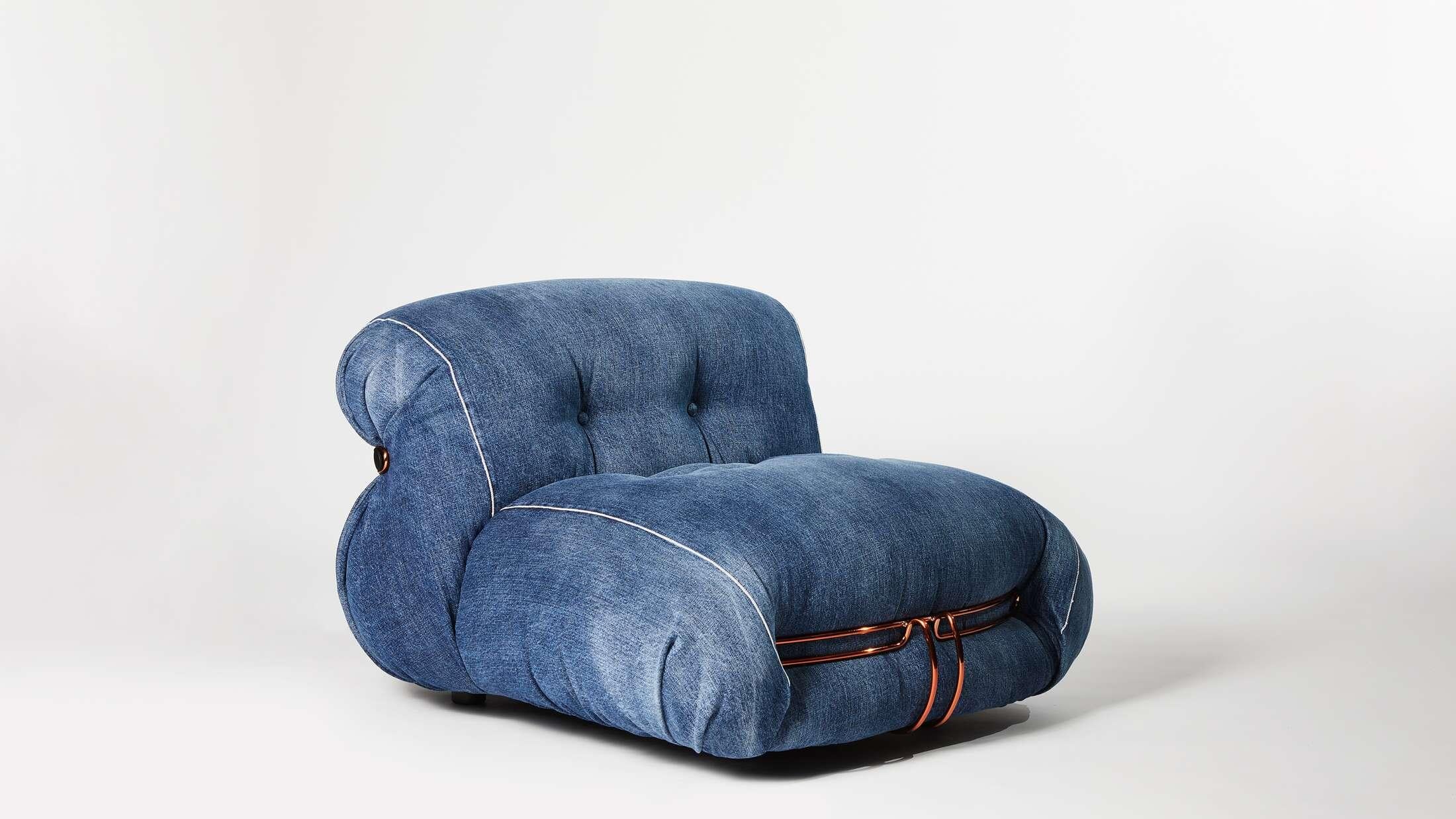 Italian Afra And Tobia Scarpa Roy Rogers Denim Soriana Armchair by Cassina For Sale