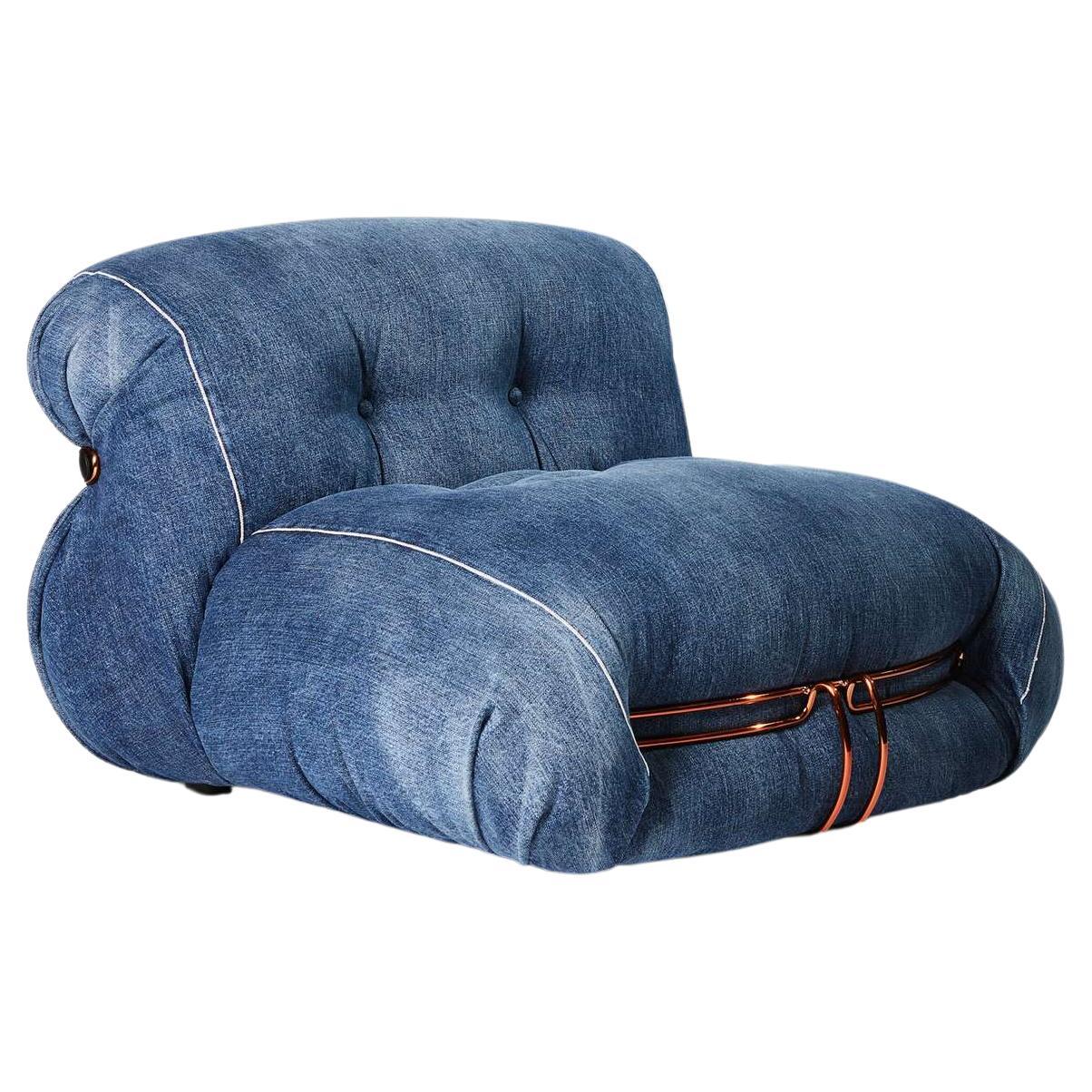 Afra And Tobia Scarpa Roy Rogers Denim Soriana Armchair by Cassina For Sale