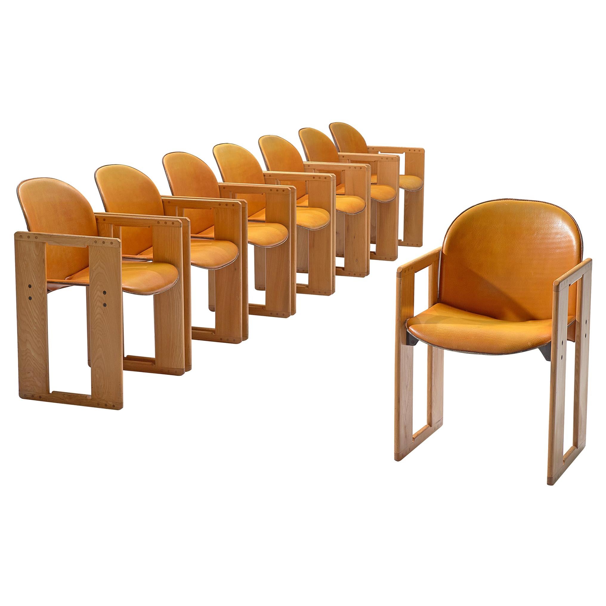 Afra and Tobia Scarpa Set of Eight 'Dialogo' Cognac Leather Dining Chairs