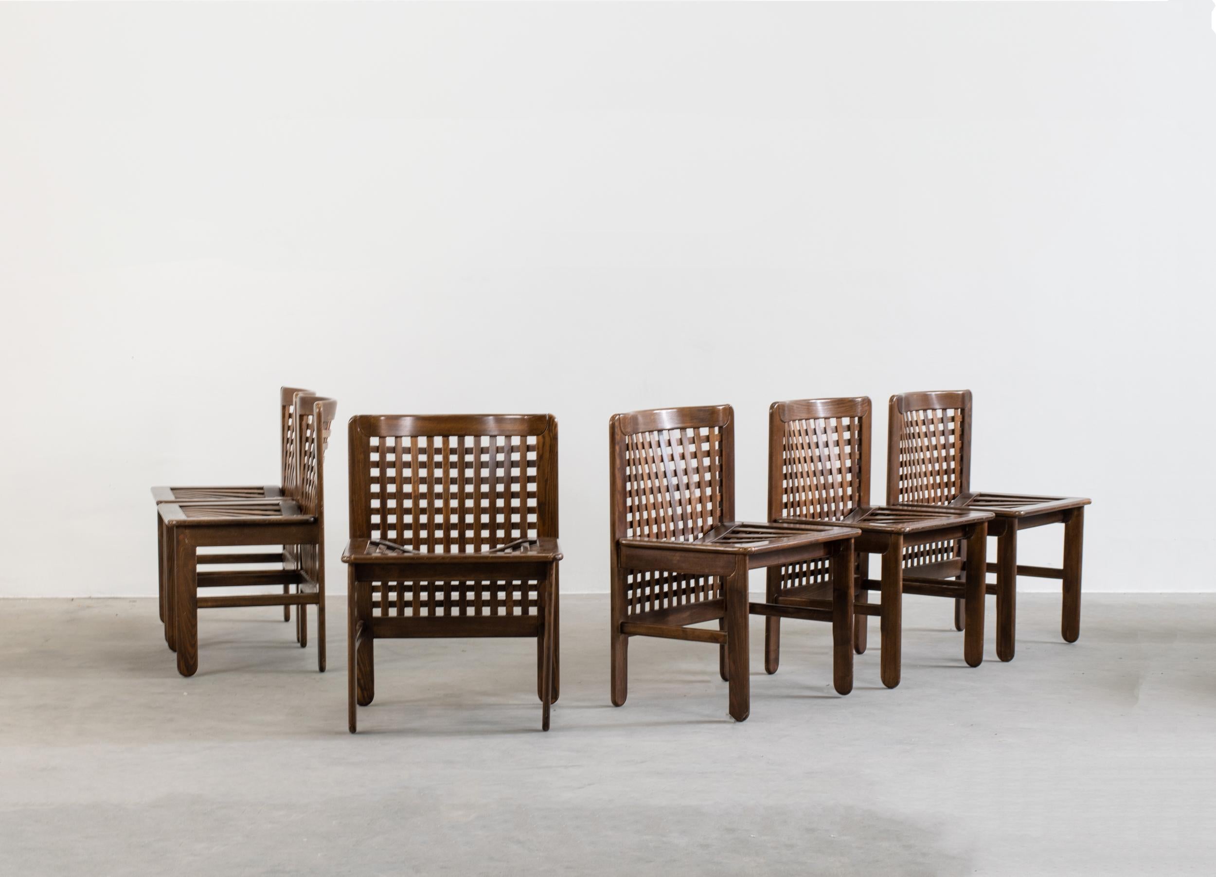 Post-Modern Afra & Tobia Scarpa Set of Six Chairs in Woven Wood, 1960s, Italy