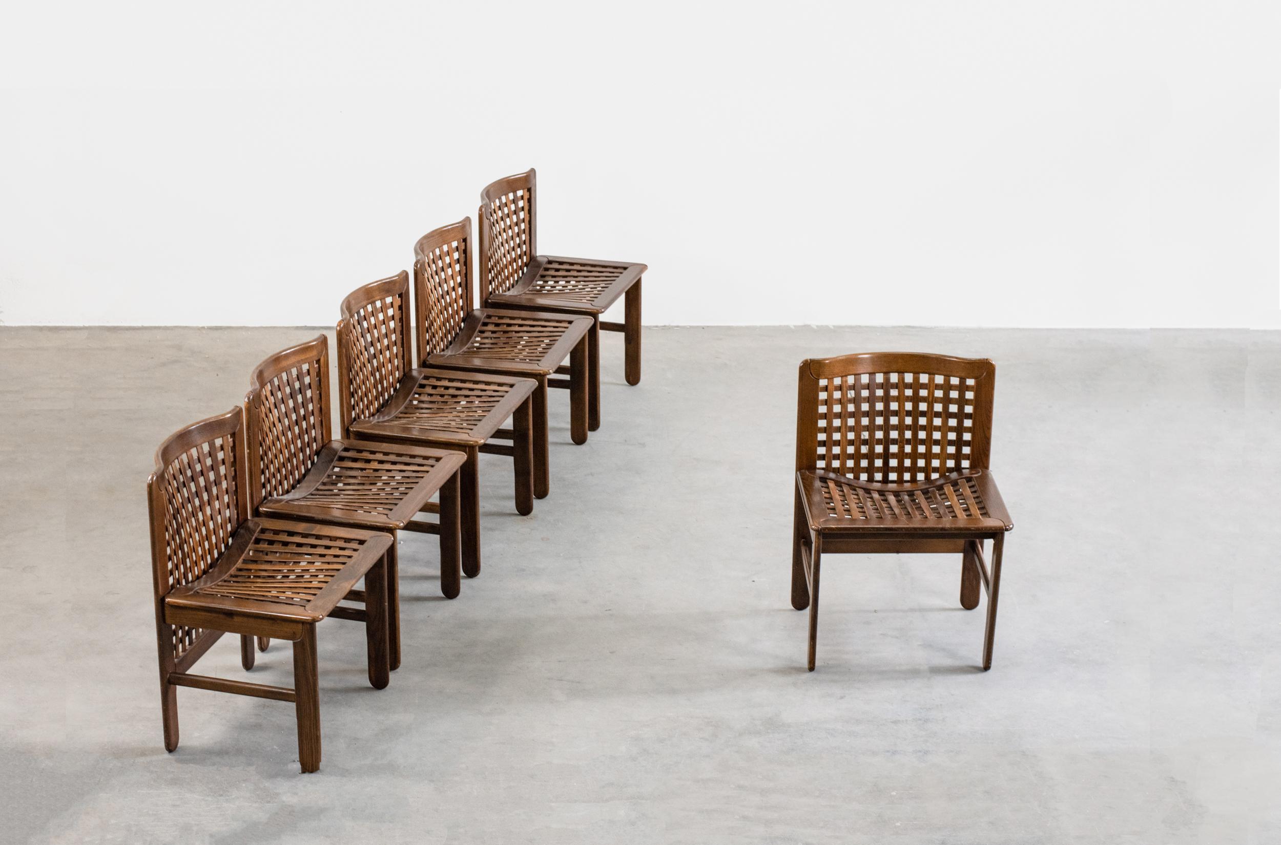 Italian Afra & Tobia Scarpa Set of Six Chairs in Woven Wood, 1960s, Italy