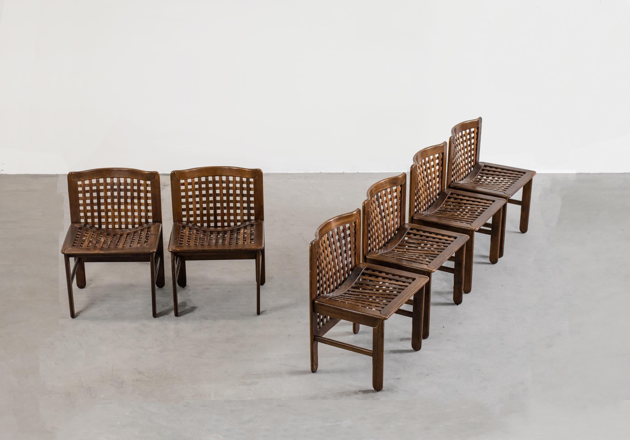Afra & Tobia Scarpa Set of Six Chairs in Woven Wood, 1960s, Italy In Good Condition In Montecatini Terme, IT