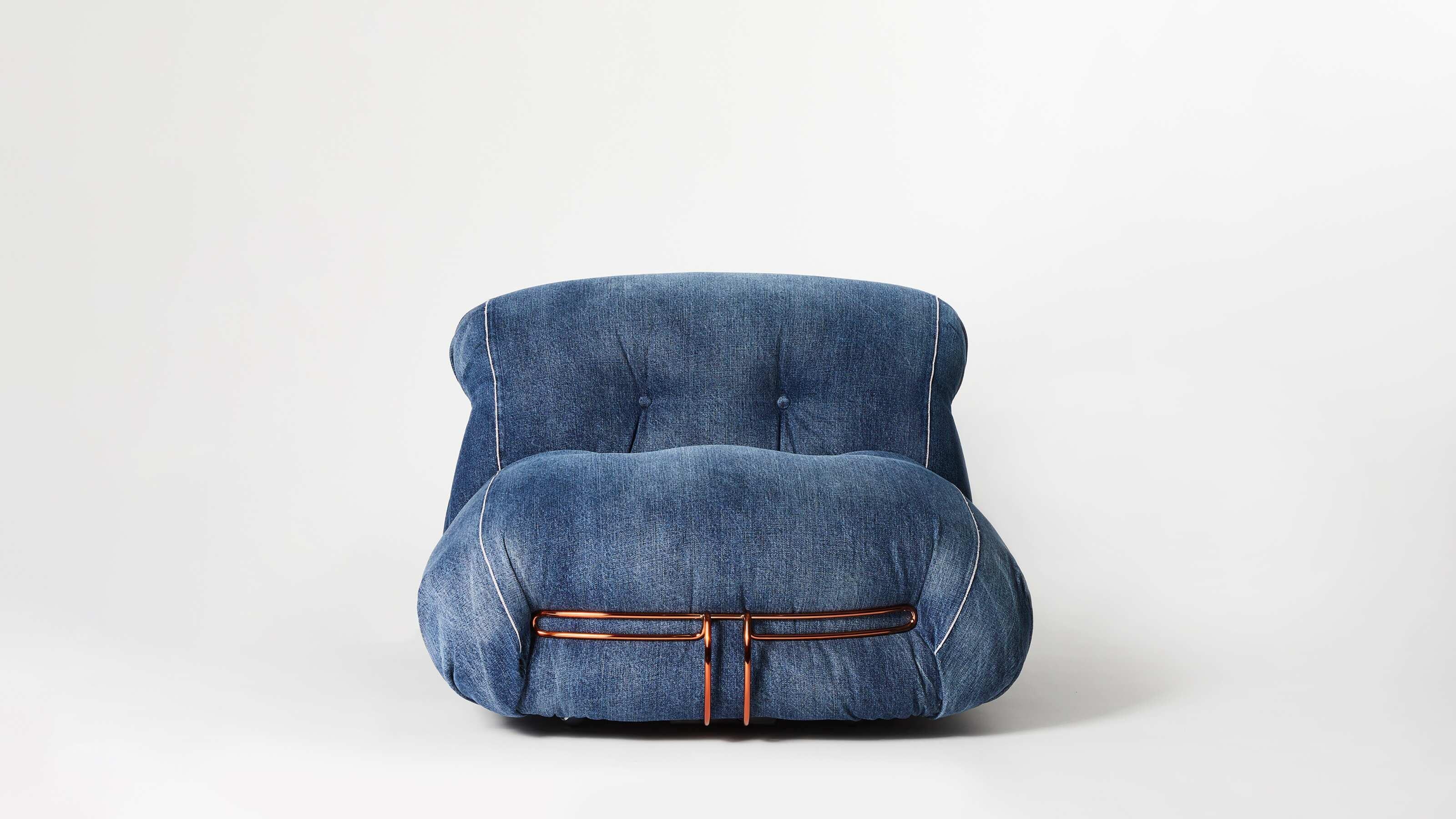 Italian Afra And Tobia Scarpa Soriana Denim Crafted Armchair For Cassina For Sale