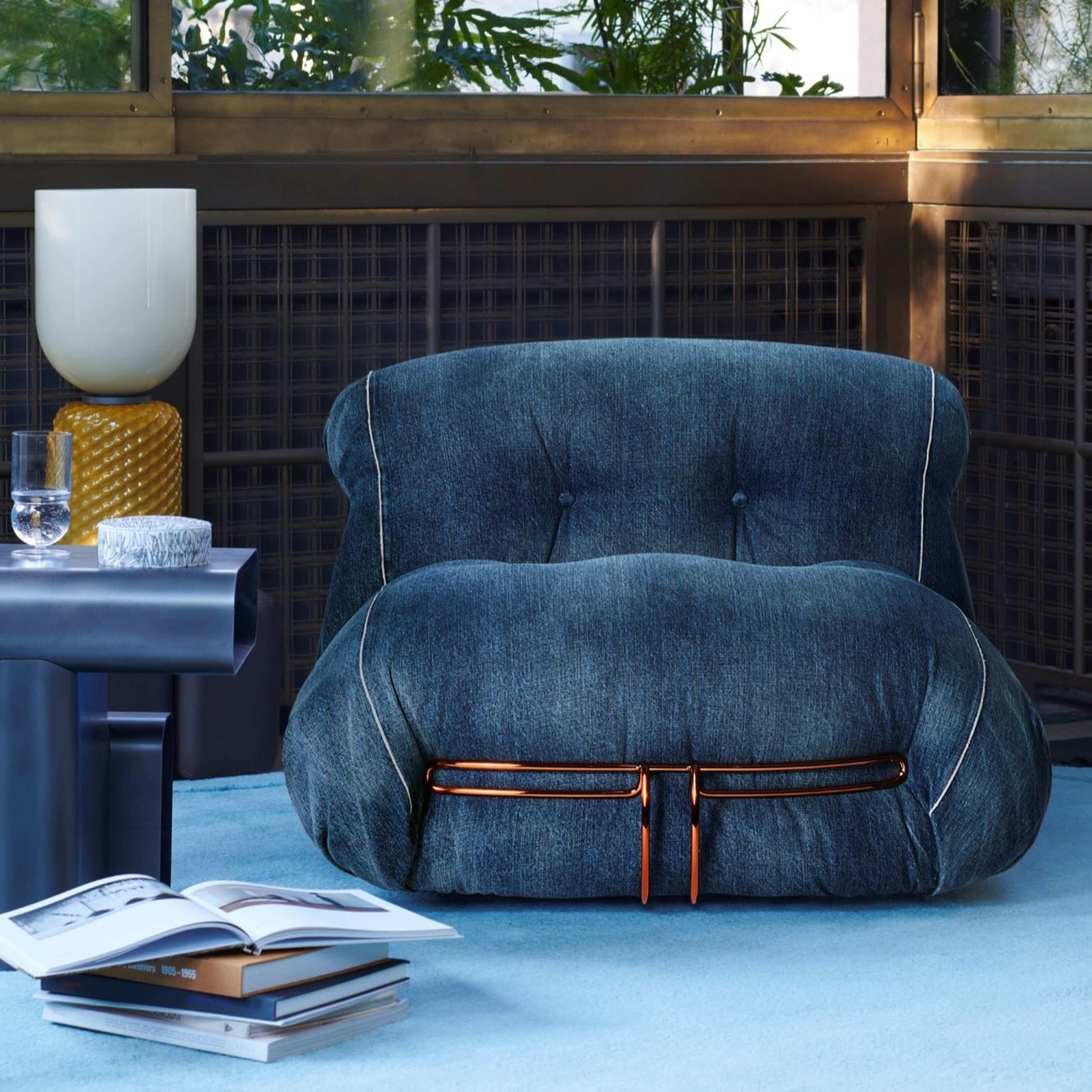 Contemporary Afra And Tobia Scarpa Soriana Denim Crafted Armchair For Cassina For Sale