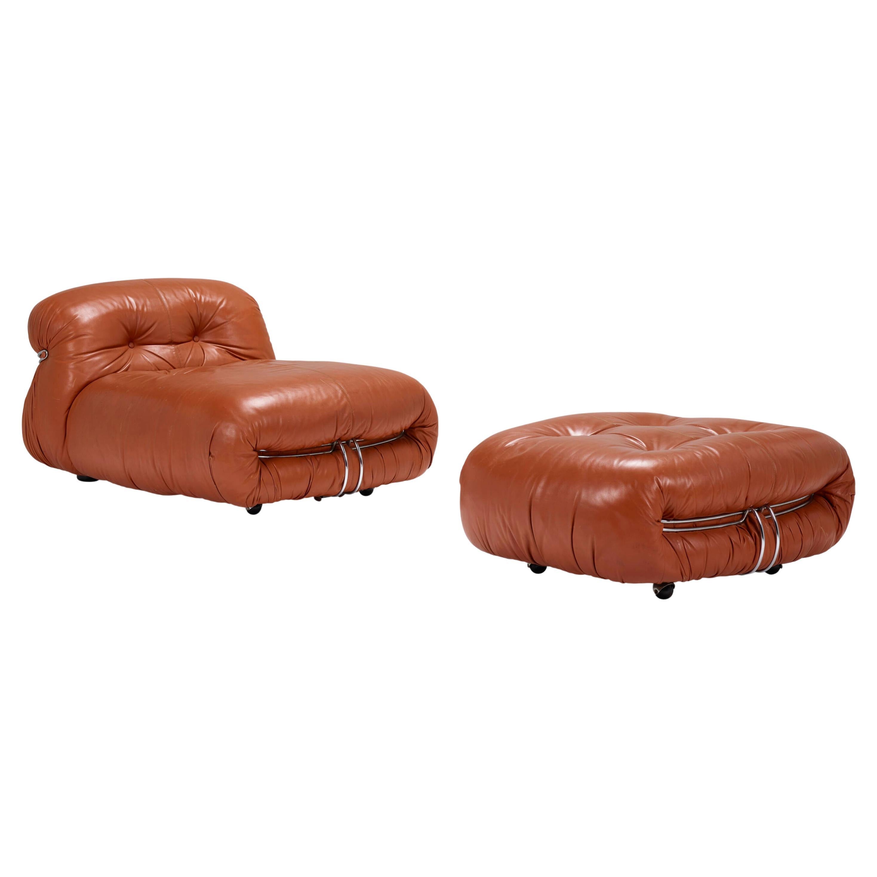 Afra and Tobia Scarpa Soriana lounge chair and ottoman in great condition. Decal manufacturer's and distributor's labels to underside of each example 'Cassina Made in Italy' and 'Made in Italy for AI Atelier International Limited'.

Leather,