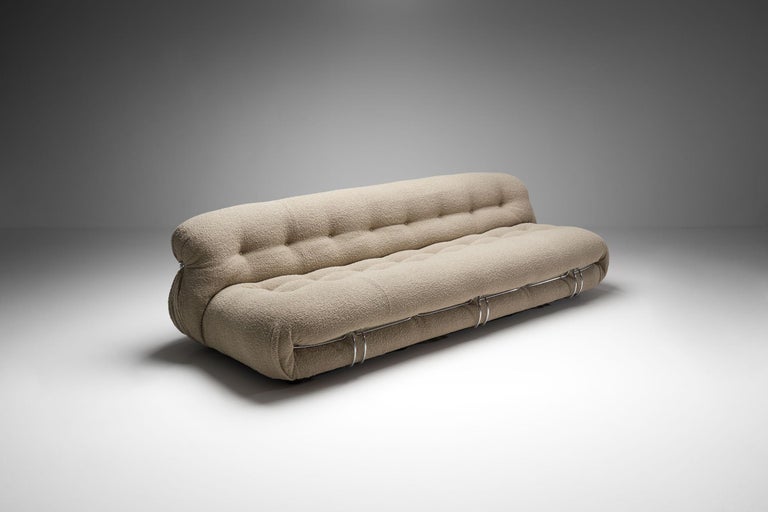 “Soriana” three seat bouclé sofa by Afra and Tobia Scarpa from Italy, 1969. The Post-Modern sofa was manufactured by Cassina and features three front metal clamps. The Soriana collection was meant to express beauty and comfort by using a whole
