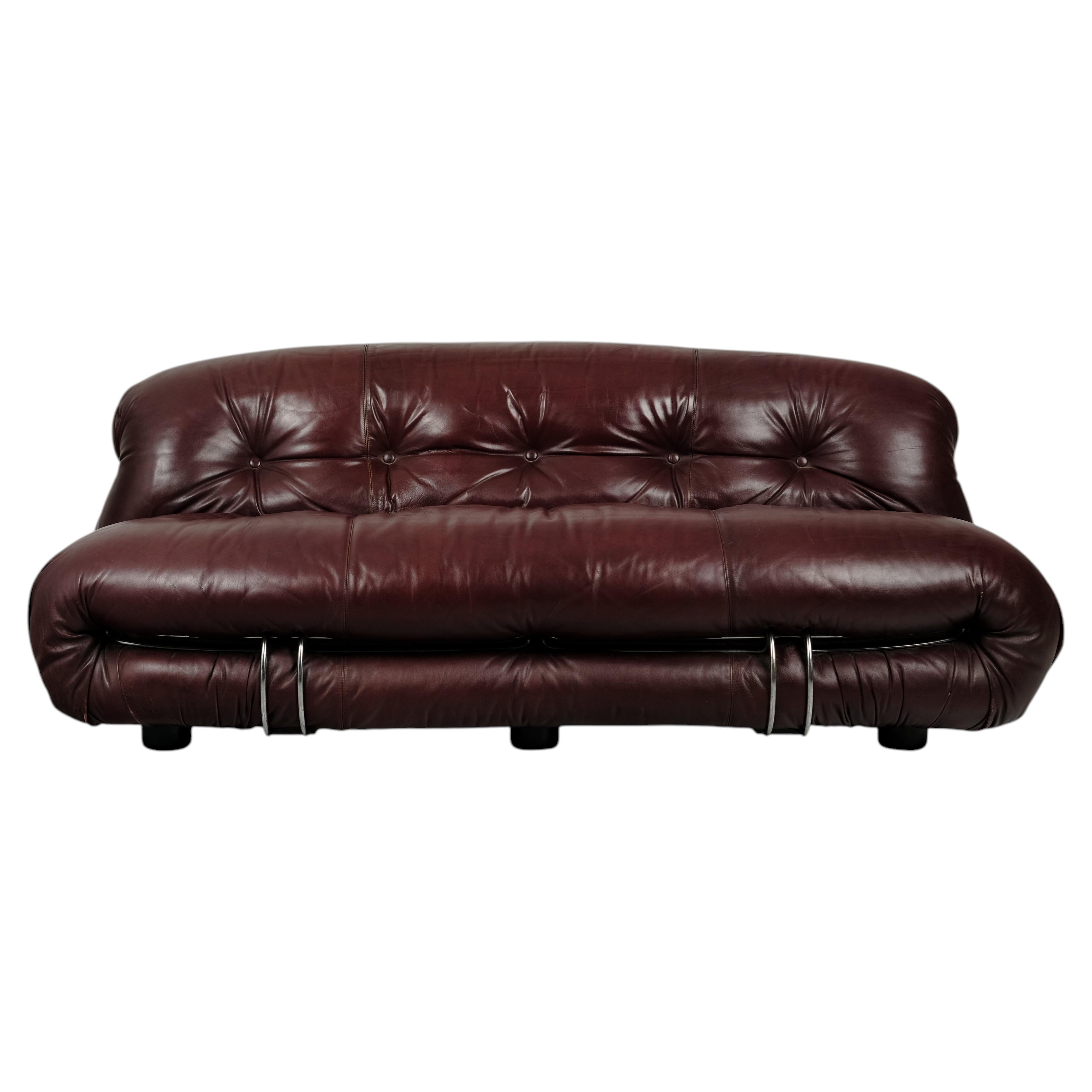 Afra and Tobia Scarpa Two-Seater Soriana Sofa for Cassina, Brown Leather, 1969 For Sale