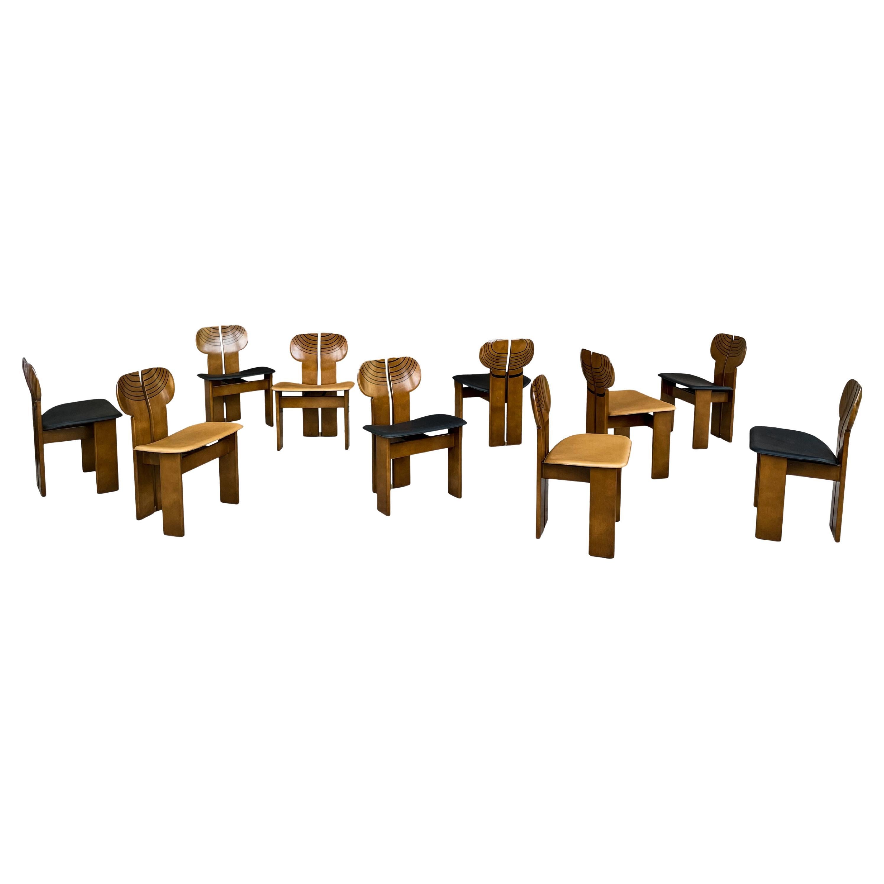 Afra and Tobia Scarpa Walnut Africa Dining Chair for Maxalto, 1976, Set of 10 For Sale