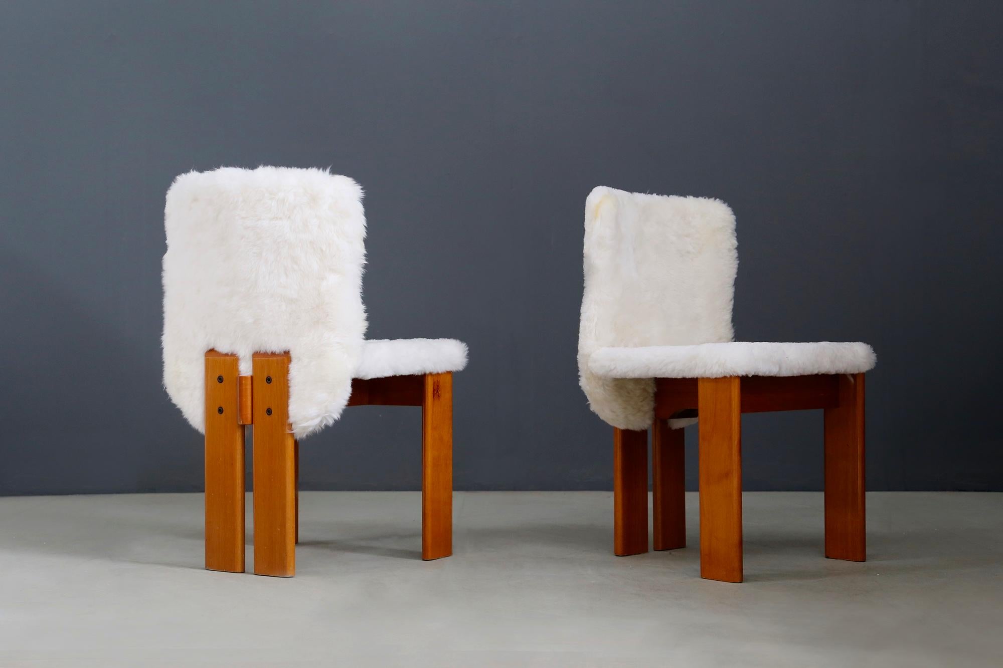 Mid-Century Modern Afra e Tobia Scarpa Set of Six Chair Midcentury in Fur and Wood, 1970s