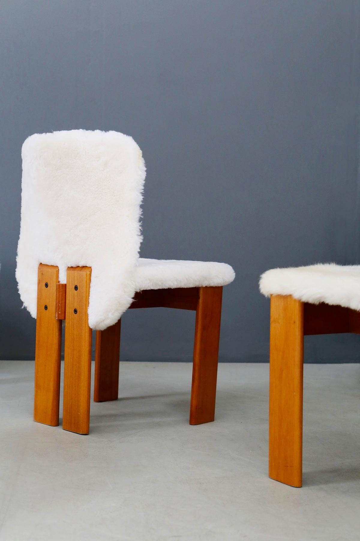 Italian Afra e Tobia Scarpa Set of Six Chair Midcentury in Fur and Wood, 1970s