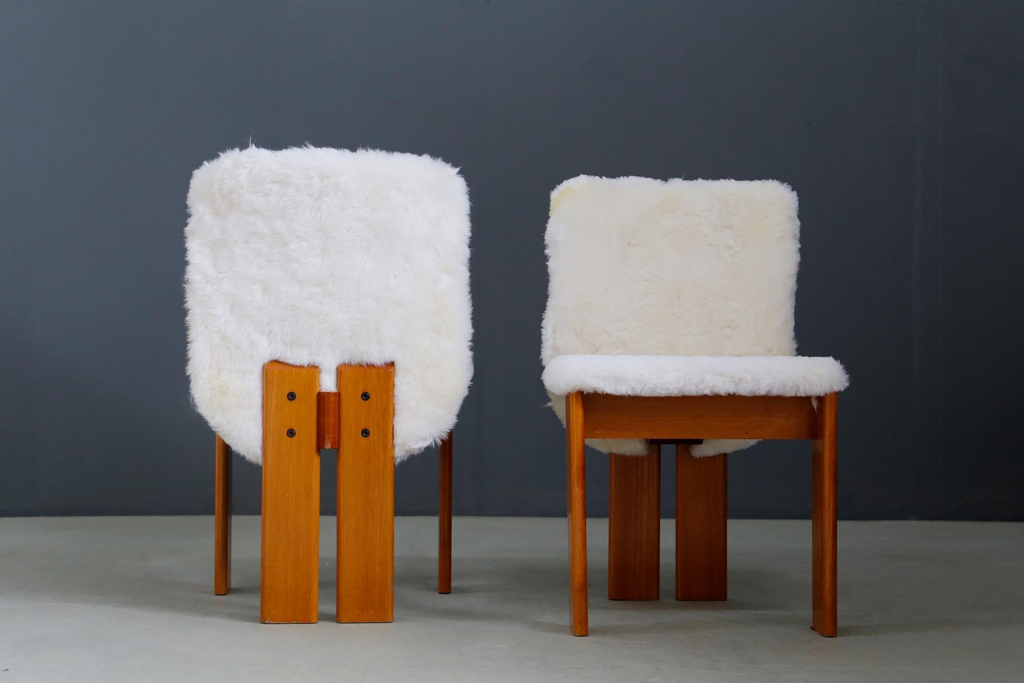 Late 20th Century Afra e Tobia Scarpa Set of Six Chair Midcentury in Fur and Wood, 1970s