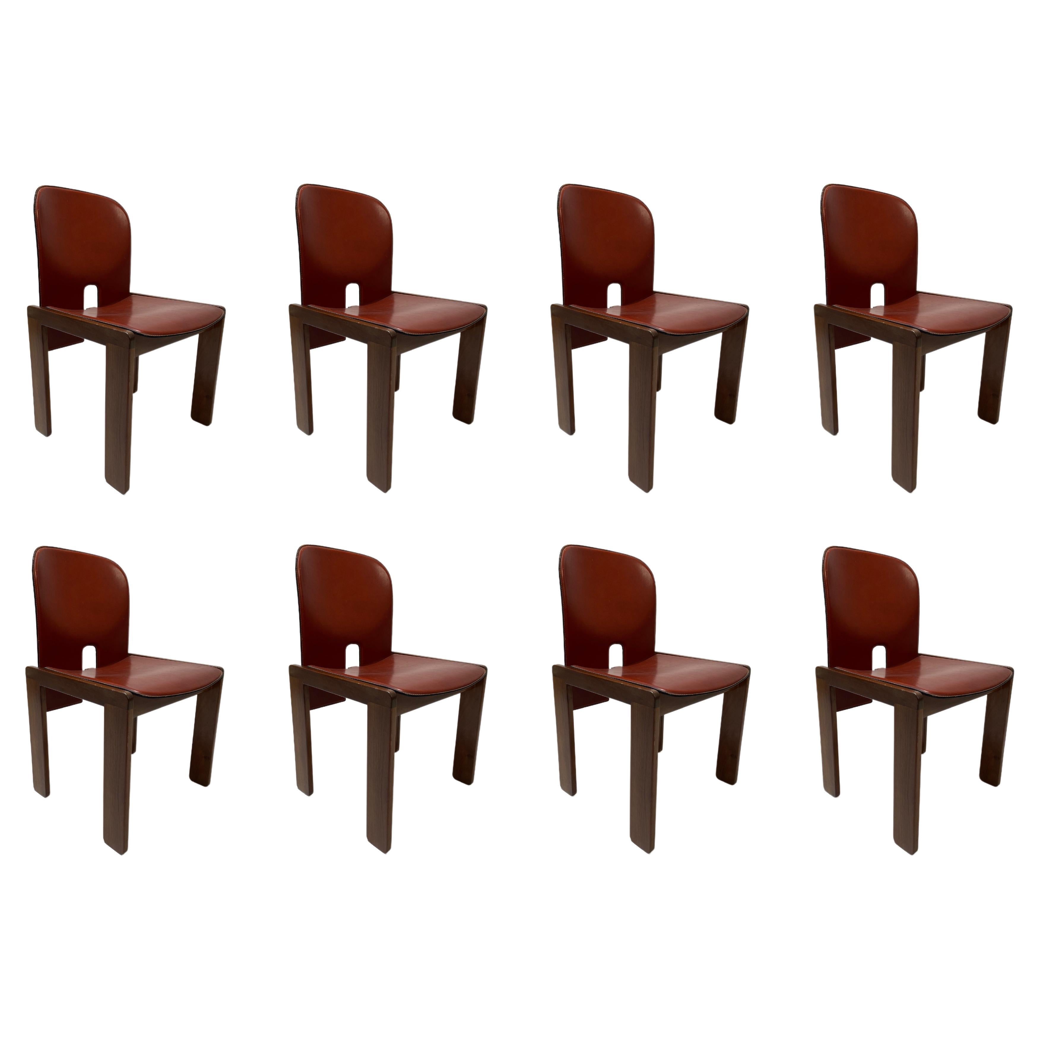 Afra & Tobia Scarpa "121" Dining Chair in Cognac Leather Cassina, 1965, Set of 8 For Sale