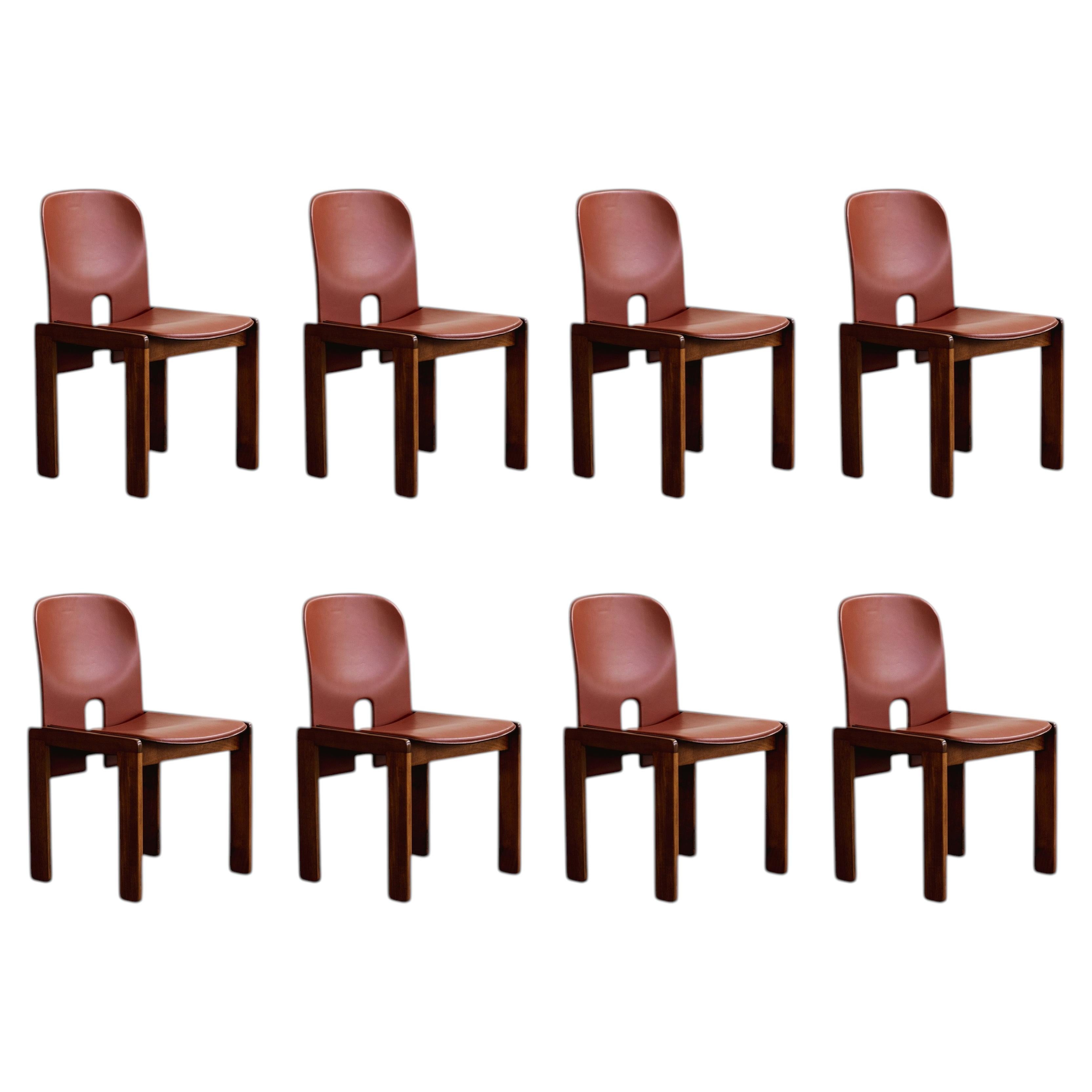 Afra & Tobia Scarpa "121" Dining Chairs for Cassina, Red Leather, 1965, Set of 8