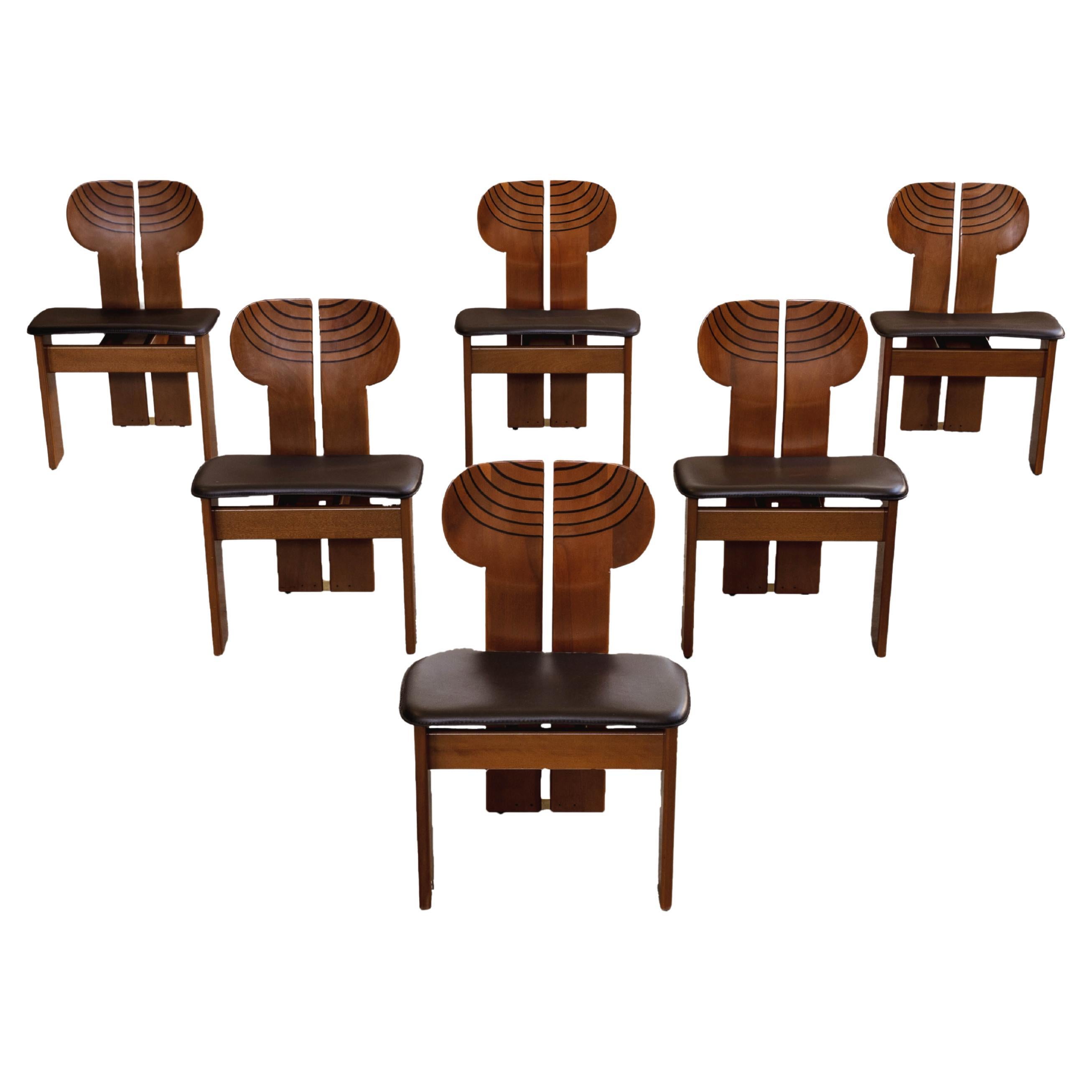 Afra & Tobia Scarpa "Africa" Chairs for Maxalto, Black Leather, 1975, Set of 6