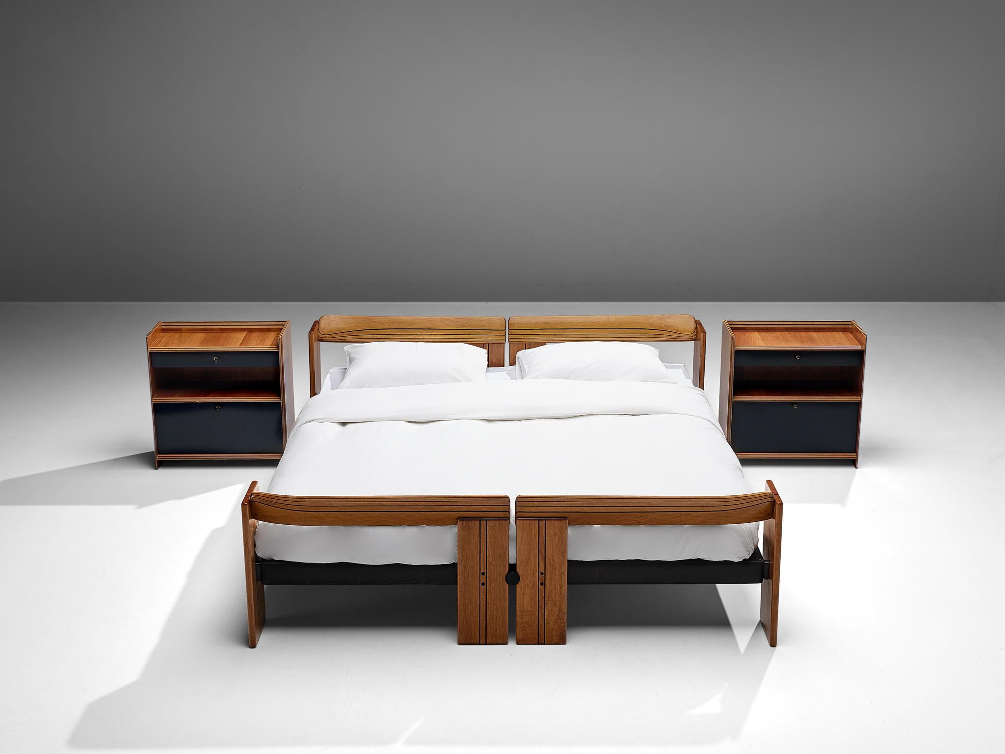 Mid-Century Modern Afra & Tobia Scarpa 'Artona' Bed with Nightstands in Walnut and Leather