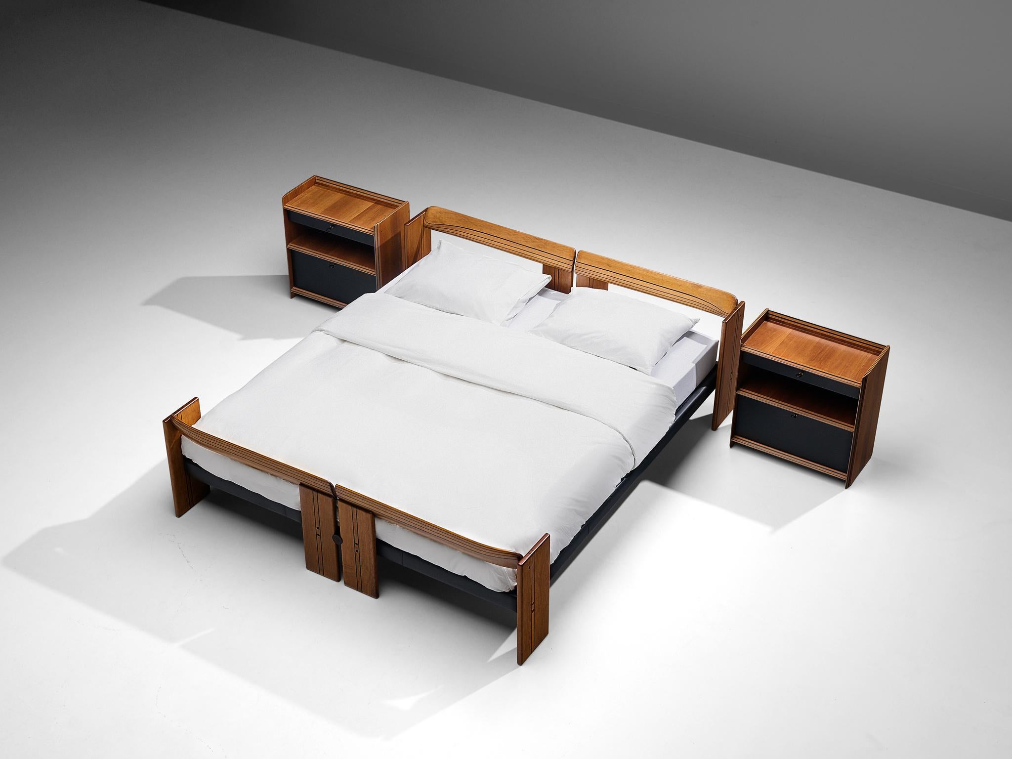 Italian Afra & Tobia Scarpa 'Artona' Bed with Nightstands in Walnut and Leather