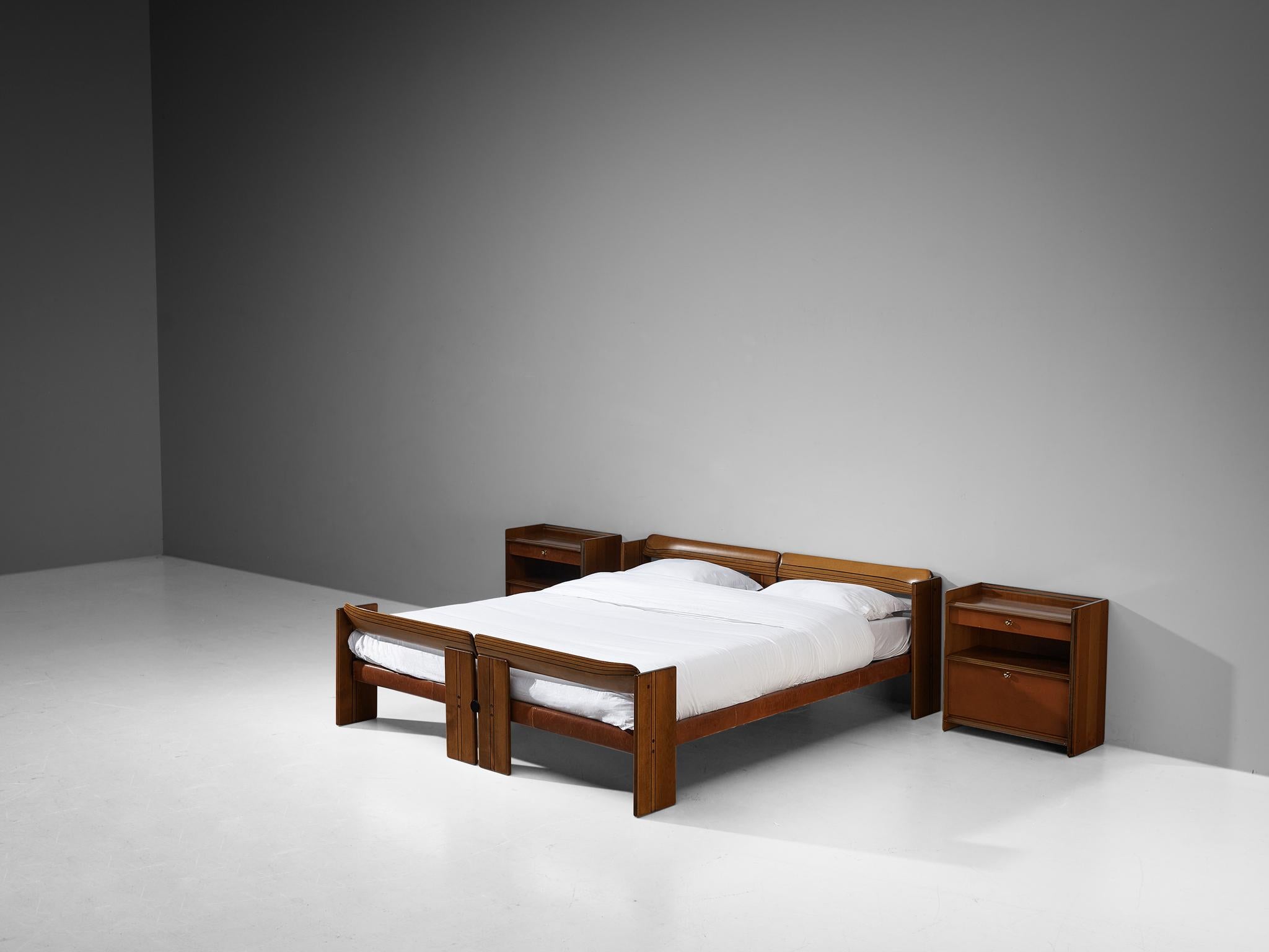 Mid-Century Modern Afra & Tobia Scarpa 'Artona' Bed with Pair of Nightstands in Walnut 