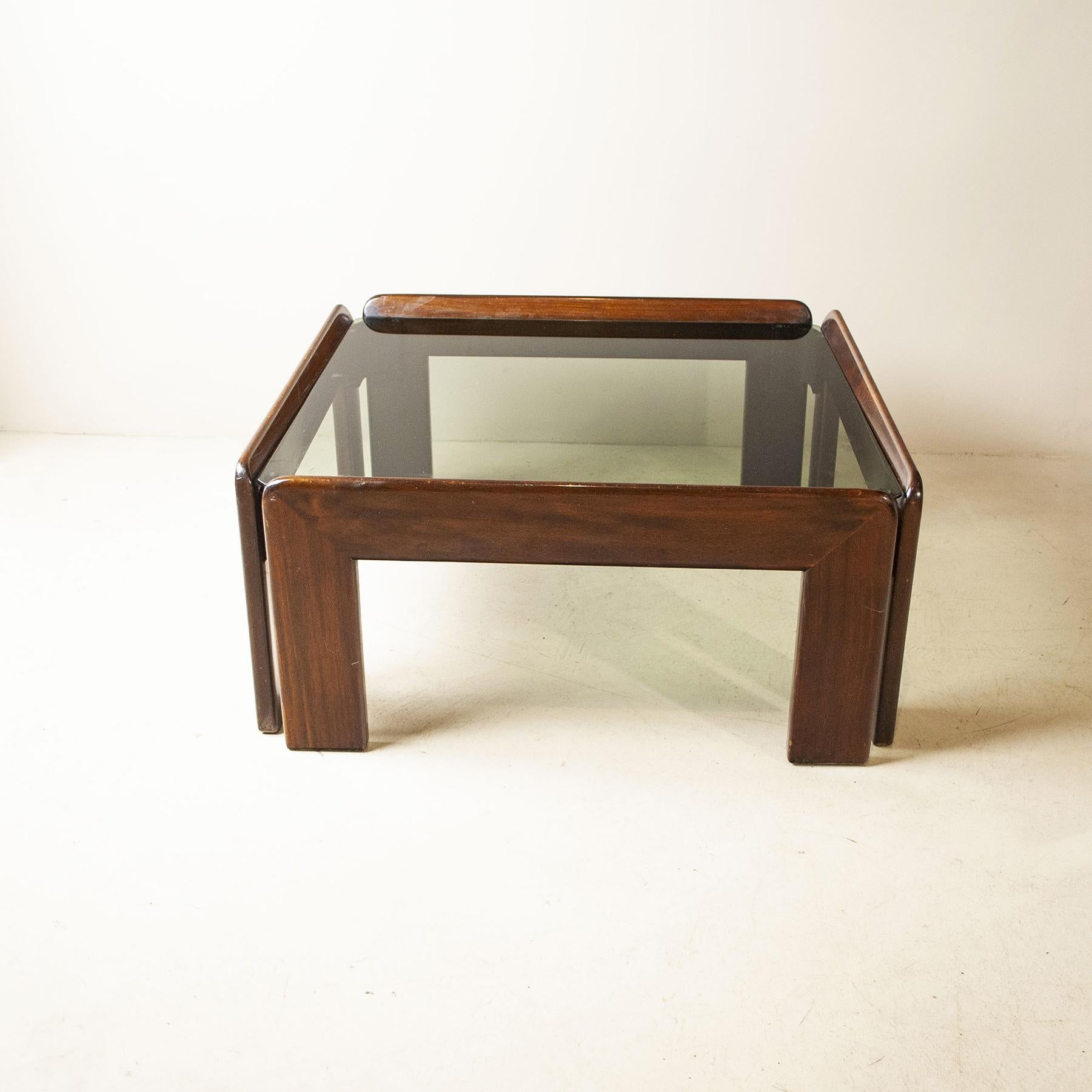 Italian Afra & Tobia Scarpa Attributed Midcentury Walnut Coffee Table, Top Cristal Fumè