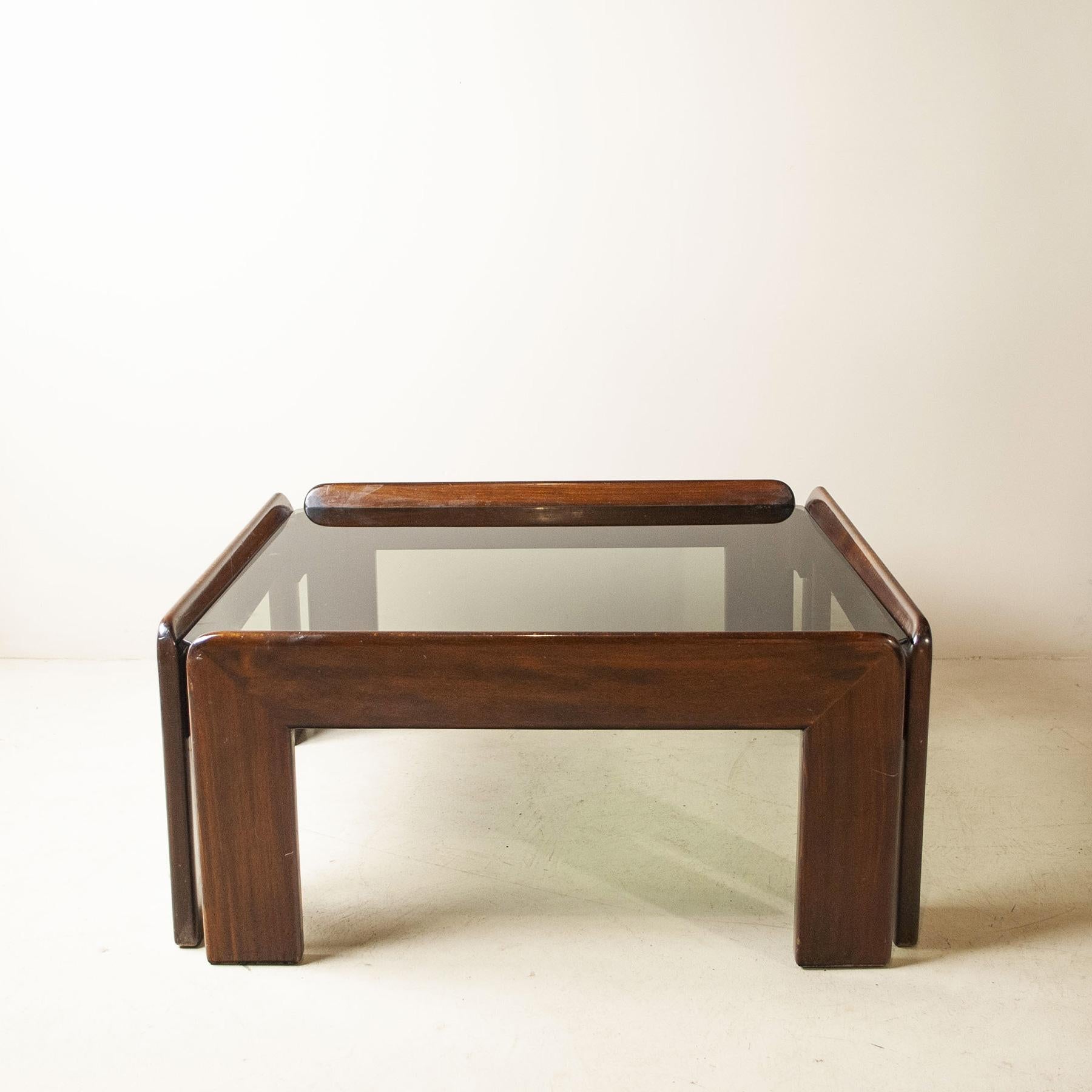 Smoked Glass Afra & Tobia Scarpa Attributed Midcentury Walnut Coffee Table, Top Cristal Fumè