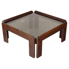 Afra & Tobia Scarpa Attributed Midcentury Walnut Coffee Table, Top Cristal Fumè