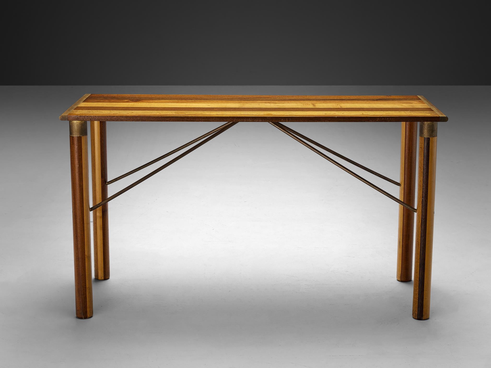Italian Afra & Tobia Scarpa 'Benetton' Console in Mixed Wood and Brass For Sale