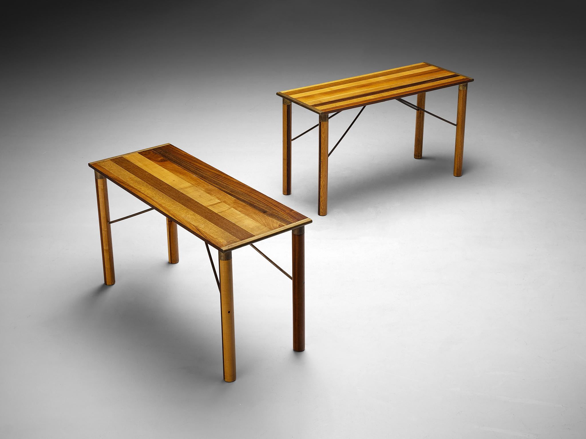 Afra & Tobia Scarpa for Benetton, consoles, walnut, wenge, ash, oak, brass, Italy, 1970s

We present exquisitely crafted tables designed by Afra and Tobia Scarpa for the Benetton shop. These tables embody excellence in every aspect—from form and
