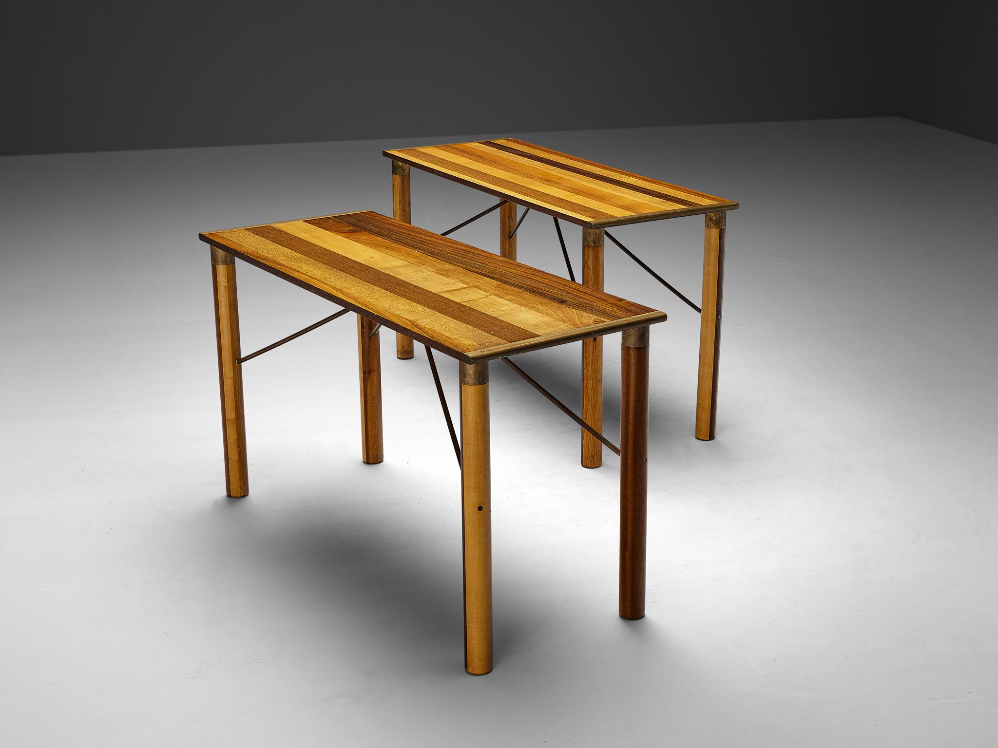 Mid-Century Modern Afra & Tobia Scarpa 'Benetton' Consoles in Mixed Wood and Brass For Sale