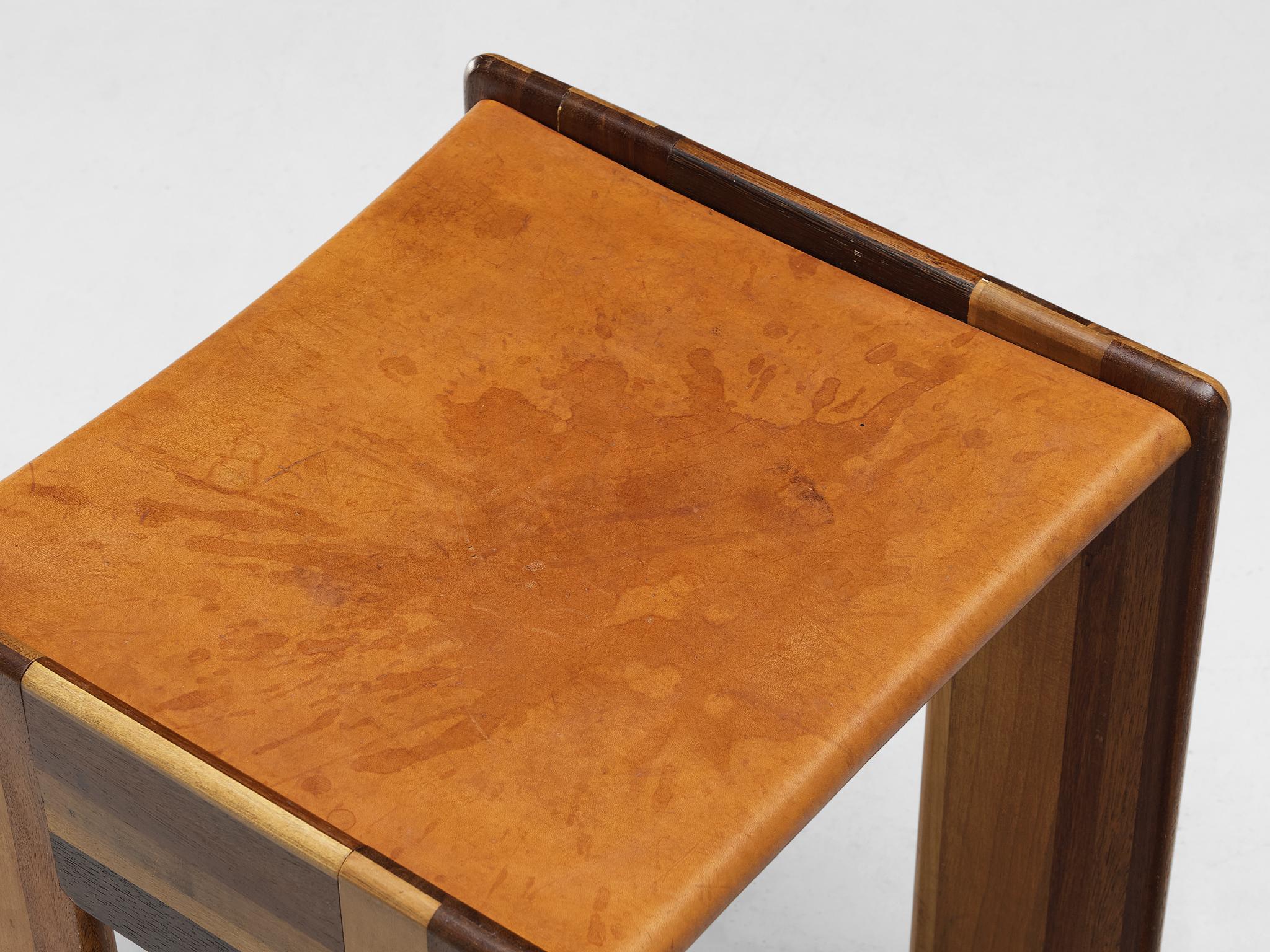 Italian Afra & Tobia Scarpa 'Benetton' Stool in Mixed Wood and Cognac Leather For Sale